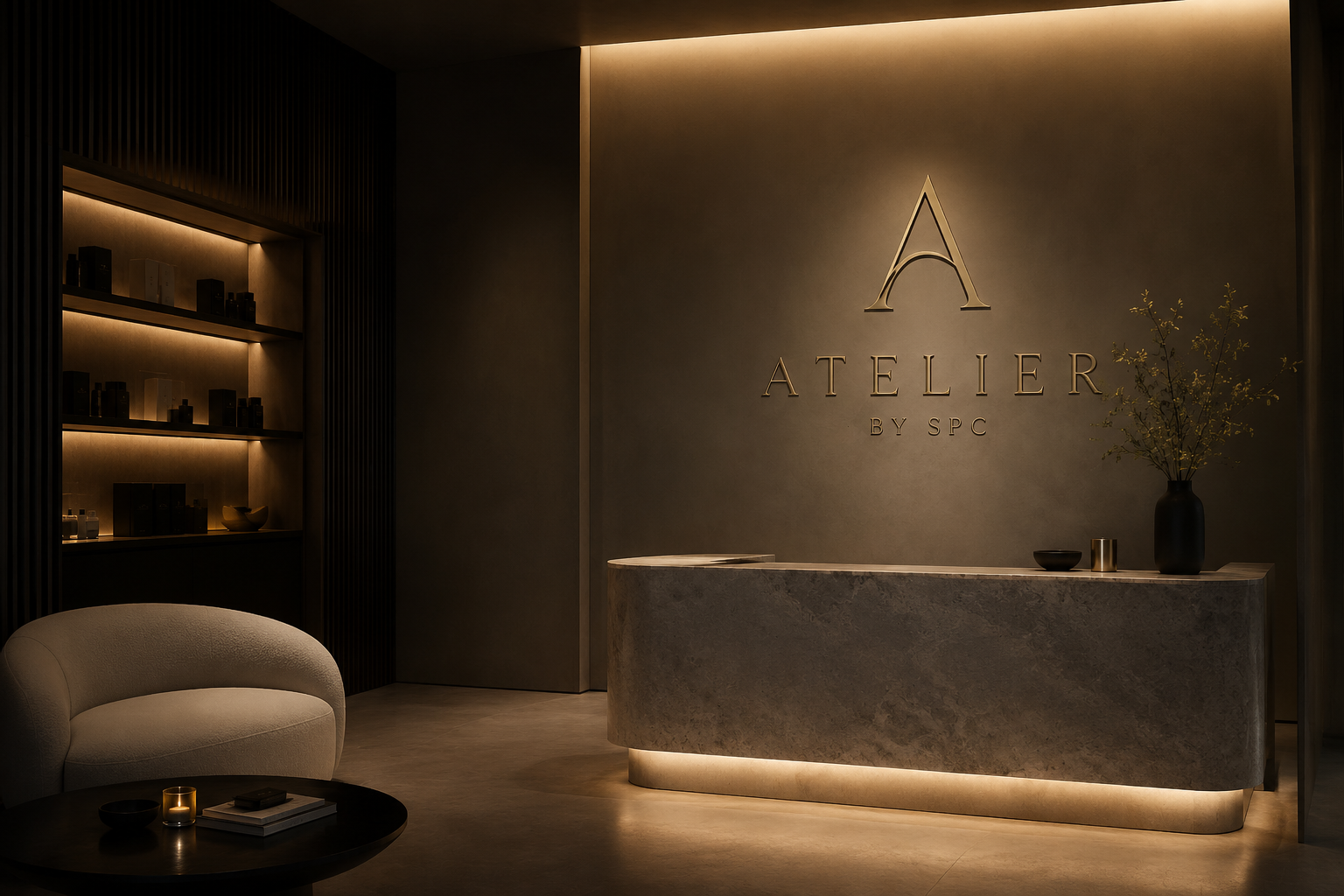 Elegant reception area with minimalist design, featuring a marble desk, a black vase with yellow flowers, wall-mounted lighting, and a sign reading 'ATELIER BY SPC' with an 'A' logo, in warm ambient lighting.