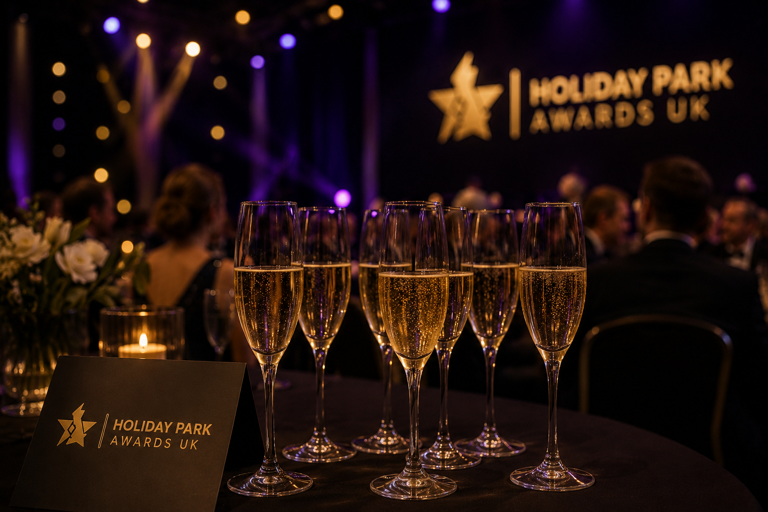 Six glasses of champagne on a table at the Holiday Park Awards UK event, with a background of a stage and attendees, and a sign displaying the event name.
