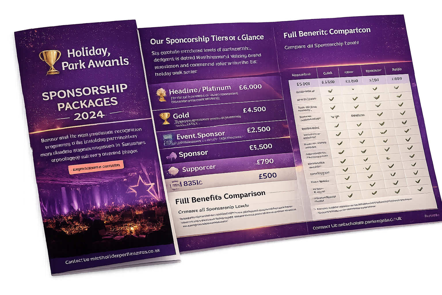 A purple themed brochure for Holiday, Park Awards 2024, displaying sponsorship packages with details and pricing, and a sponsorship comparison table with checkmarks for different packages.