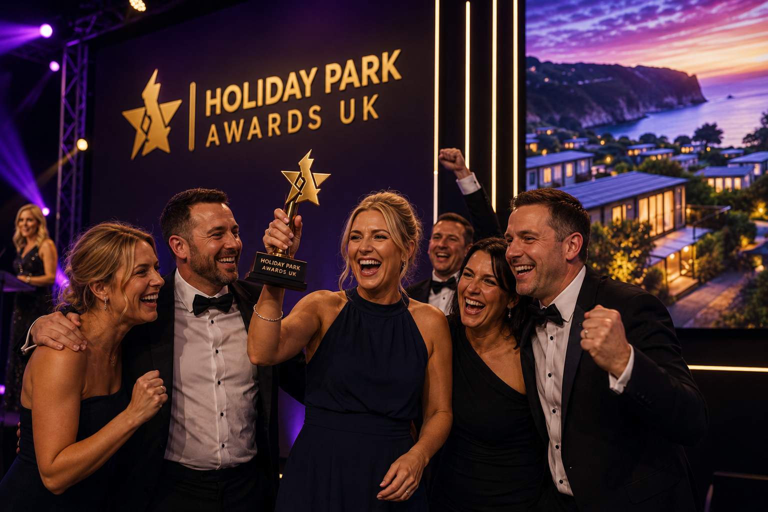 Group of people celebrating at the Holiday Park Awards UK, with a woman holding a trophy in front of a backdrop showing a coastal scene at sunset.