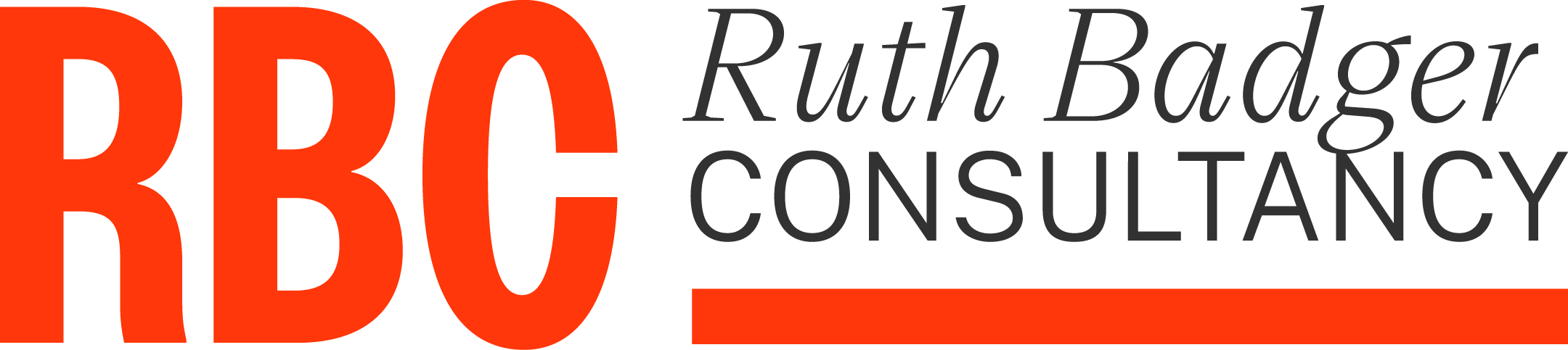 The logo for Ruth Badger Consultancy features bold red letters spelling 'RBC,' with the name 'Ruth Badger' and the word 'Consultancy' in smaller black and grey text.