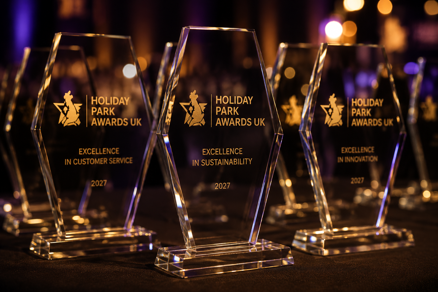Glass awards with gold text and logo, set on a table at the Holiday Park Awards UK ceremony, 2027.