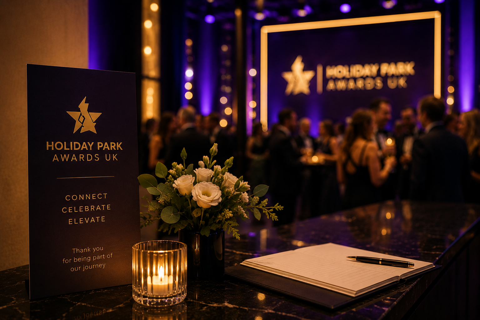 Decorative table with a candle, a floral arrangement, and an open guestbook at the Holiday Park Awards UK event, with blurred guests socializing in the background and a large screen with event branding.