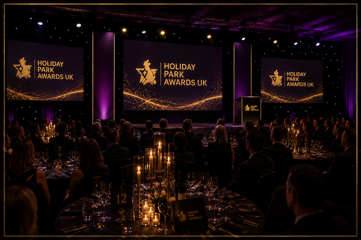 An audience seated at round tables at the Holiday Park Awards UK event inside a large, dimly lit venue with purple lighting and starry backdrop, facing a stage with large screens displaying the event logo.