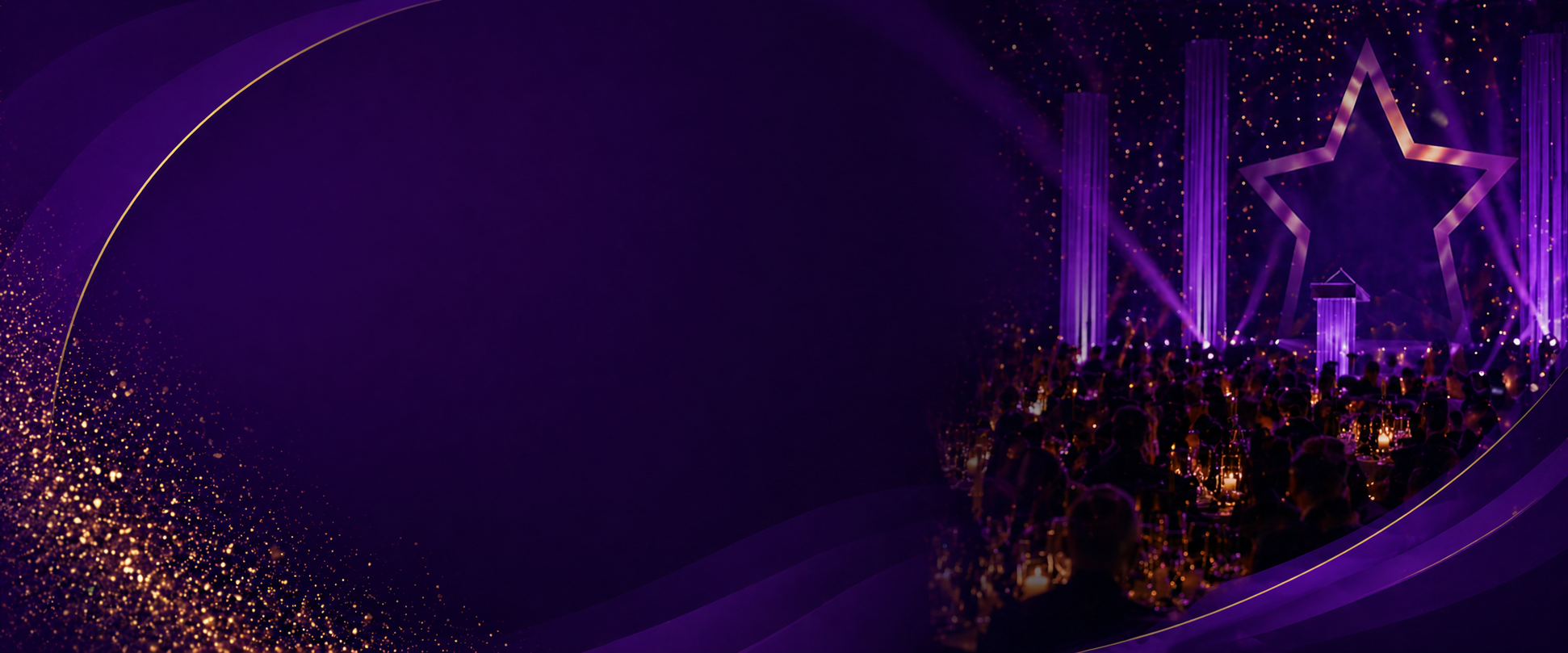 A dark purple event stage with a large star outline, vertical purple light pillars, purple spotlights, and a crowd of people seated at tables with candles in a formal setting.