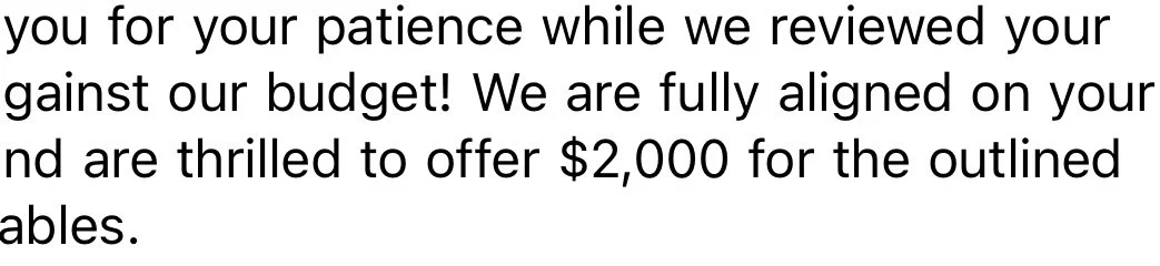 Partial view of a document thanking someone for their patience and confirming a budget review, with an offer of $2,000 for specific items. from a UGC Creator