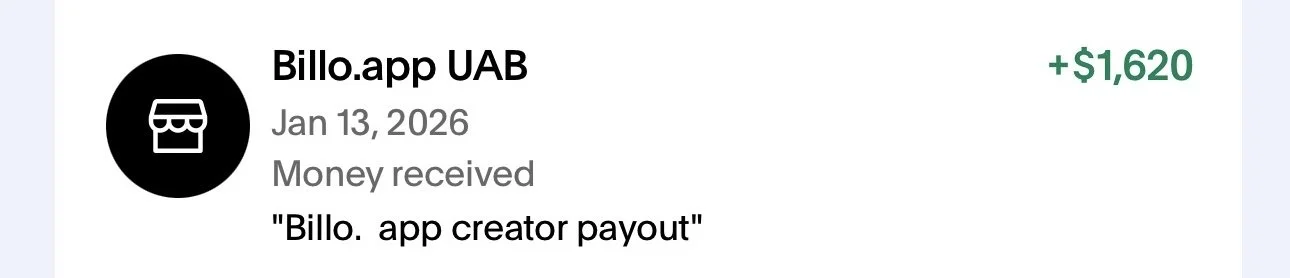 Screenshot showing a transaction receipt from Bilto.app UAB for January 13, 2026, indicating a money received of $1,620 labeled as 'Bilto. app creator payout'. from a UGC Creator