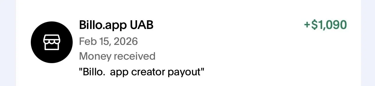 Transaction receipt for Biloo.app UAB showing February 15, 2026, with a money received of 1090 dollars and a note stating 'Biloo. app creator payout'. from a UGC Creator