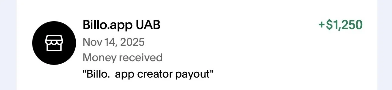 Screenshot of a mobile app showing a payout of $1,250 received for the Billo.app UAB on November 14, 2025, labeled as 'Money received' and 'Billo. app creator payout'. from a UGC Creator
