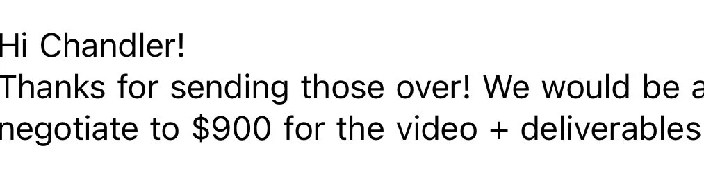 Screenshot of a message discussing negotiations for a video and deliverables. from a UGC Creator
