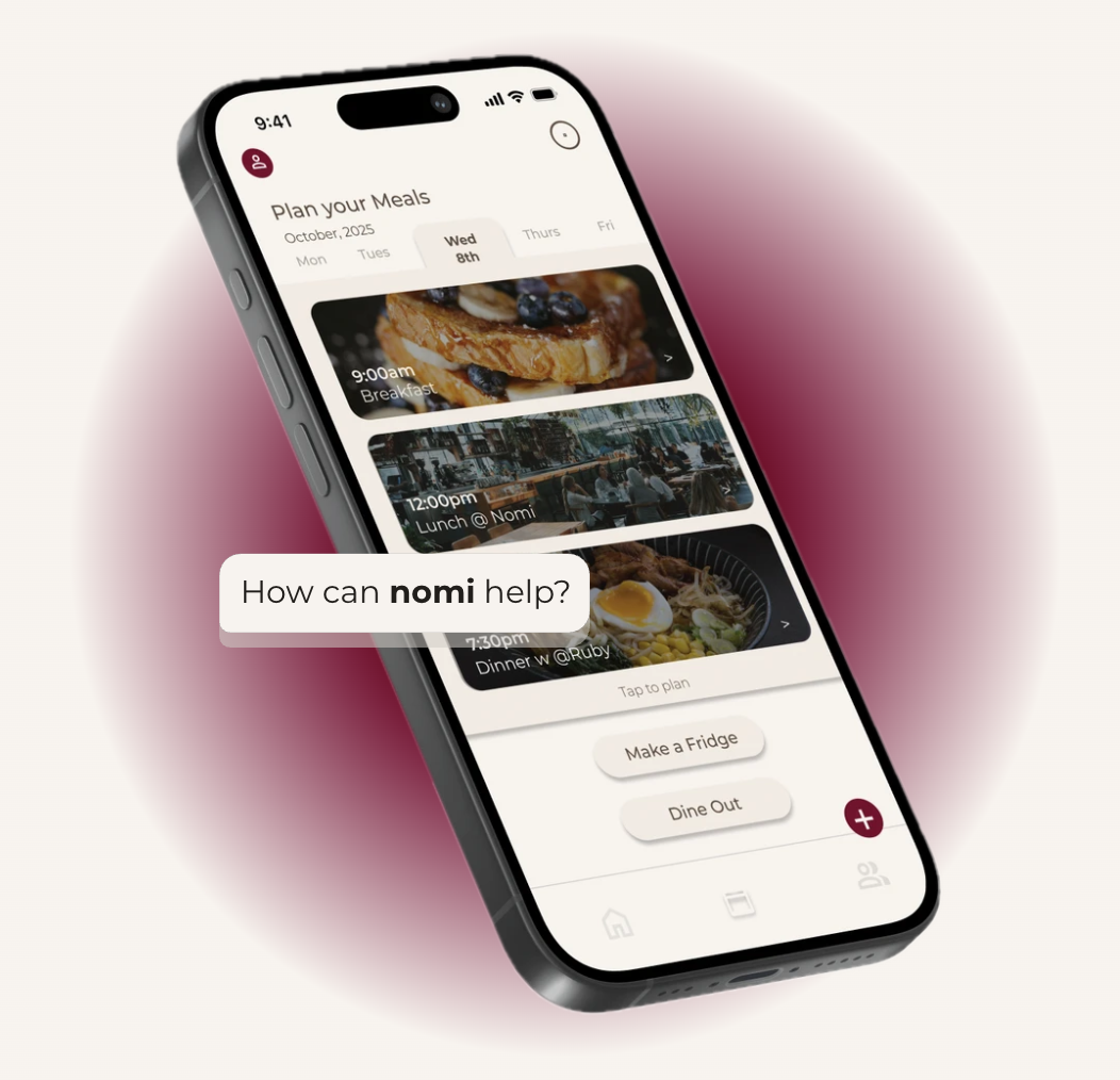 Nomi app showing personalised daily meals synced to your body, hormone, cycle and sensitivity tracking for PCOS, endometriosis, allergies and complex health needs
