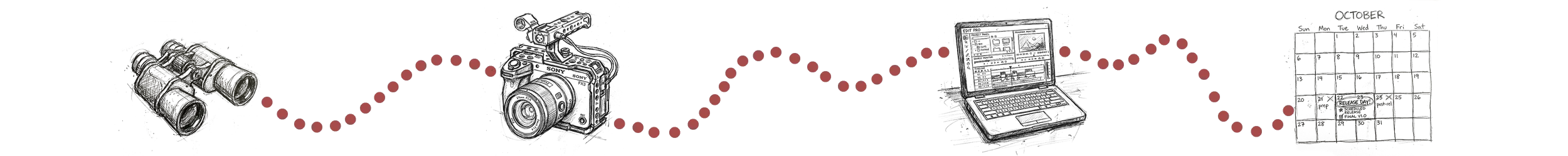 Sequence of four robotic or electronic devices connected by a red dotted line with a graph pattern in the background.
