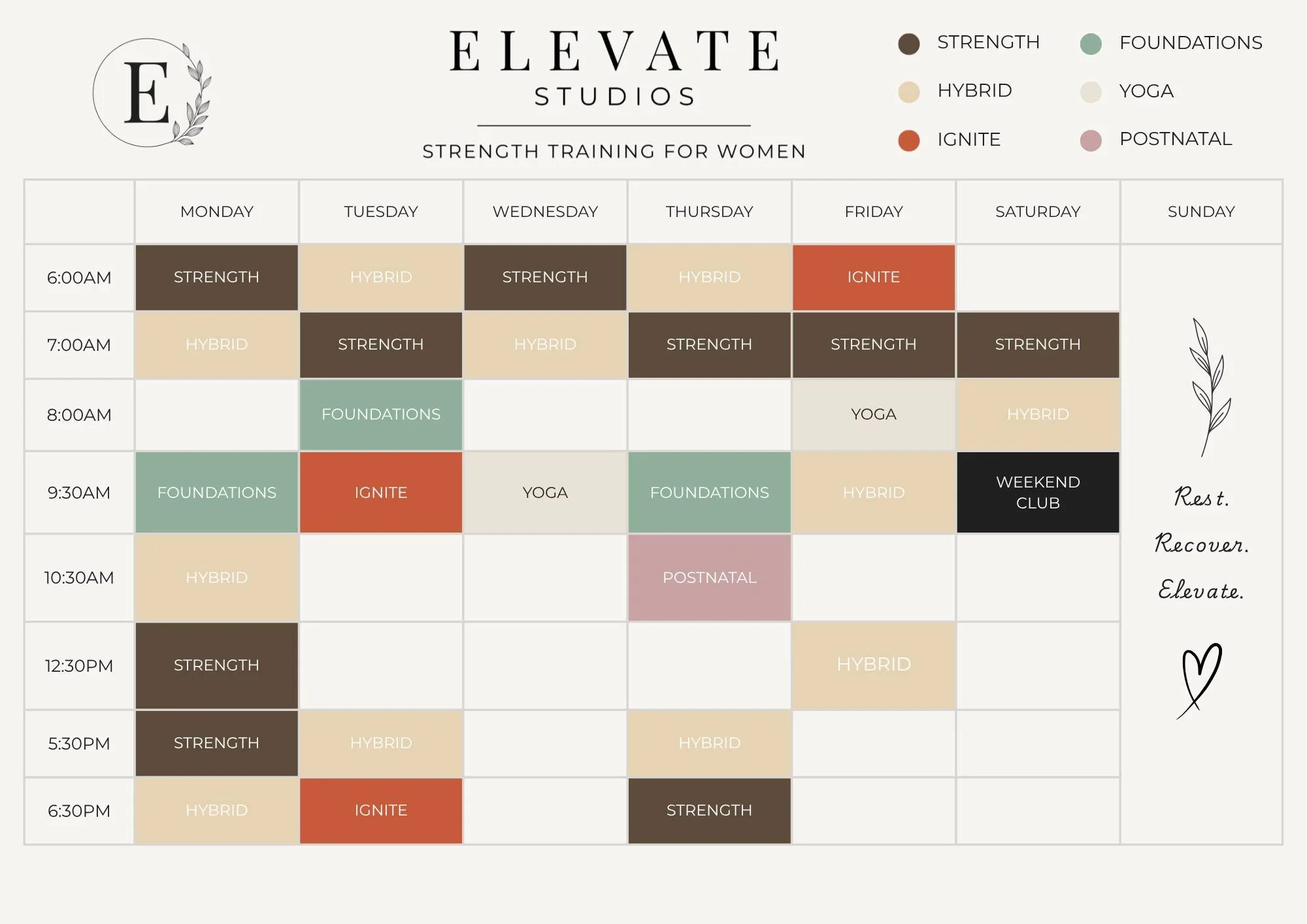 Weekly schedule for Elevate Studios strength training classes for women, with color-coded categories: strength, foundations, hybrid, yoga, ignite, postnatal, and weekend club. The schedule shows specific class types and times from early morning to evening, with a note for rest, recovery, and elevation.