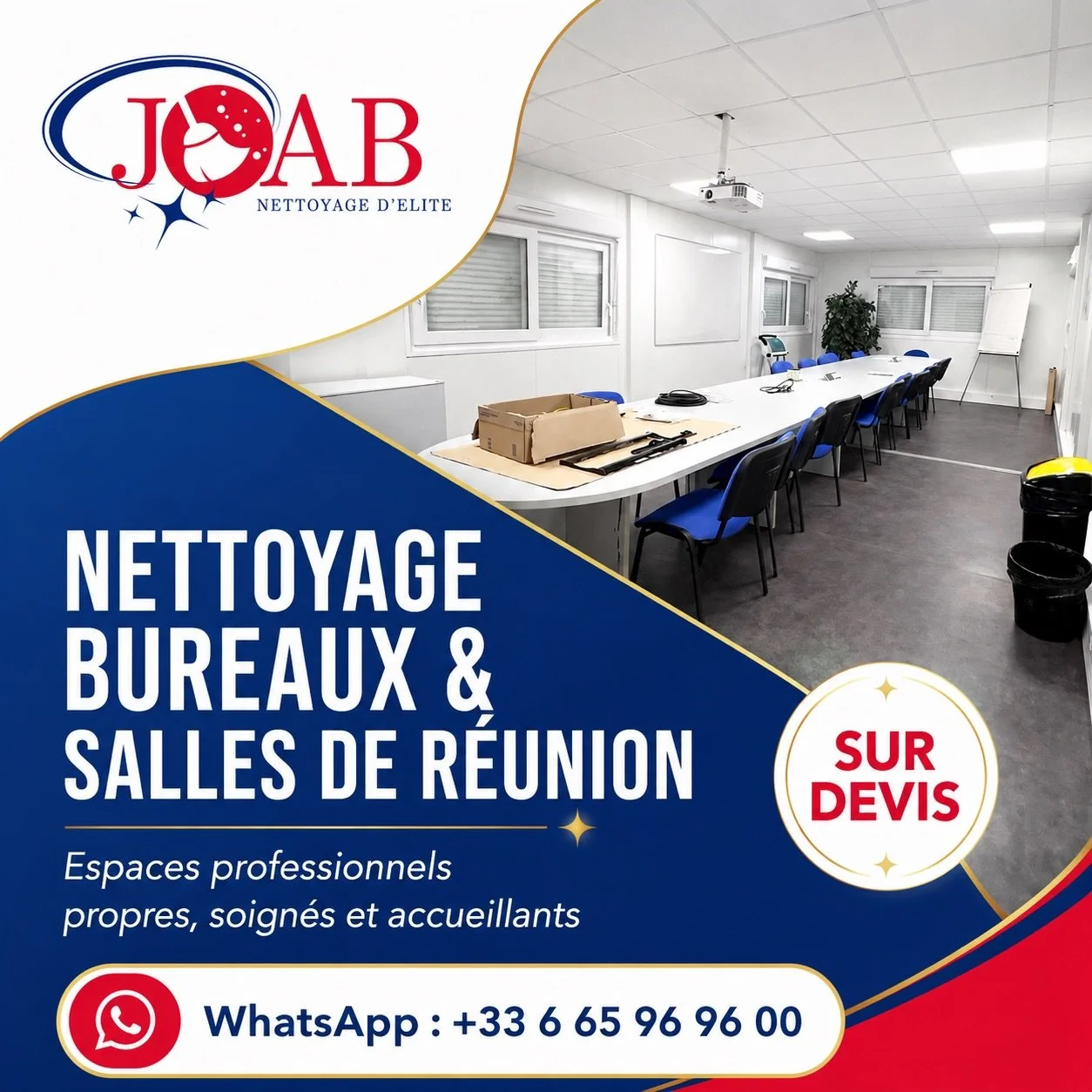 Un espace de travail propre, c&rsquo;est une &eacute;quipe motiv&eacute;e et productive ! 💼📈
Salles de r&eacute;union, open spaces, bureaux individuels... Nous maintenons vos espaces professionnels soign&eacute;s et accueillants au quotidien. Offre