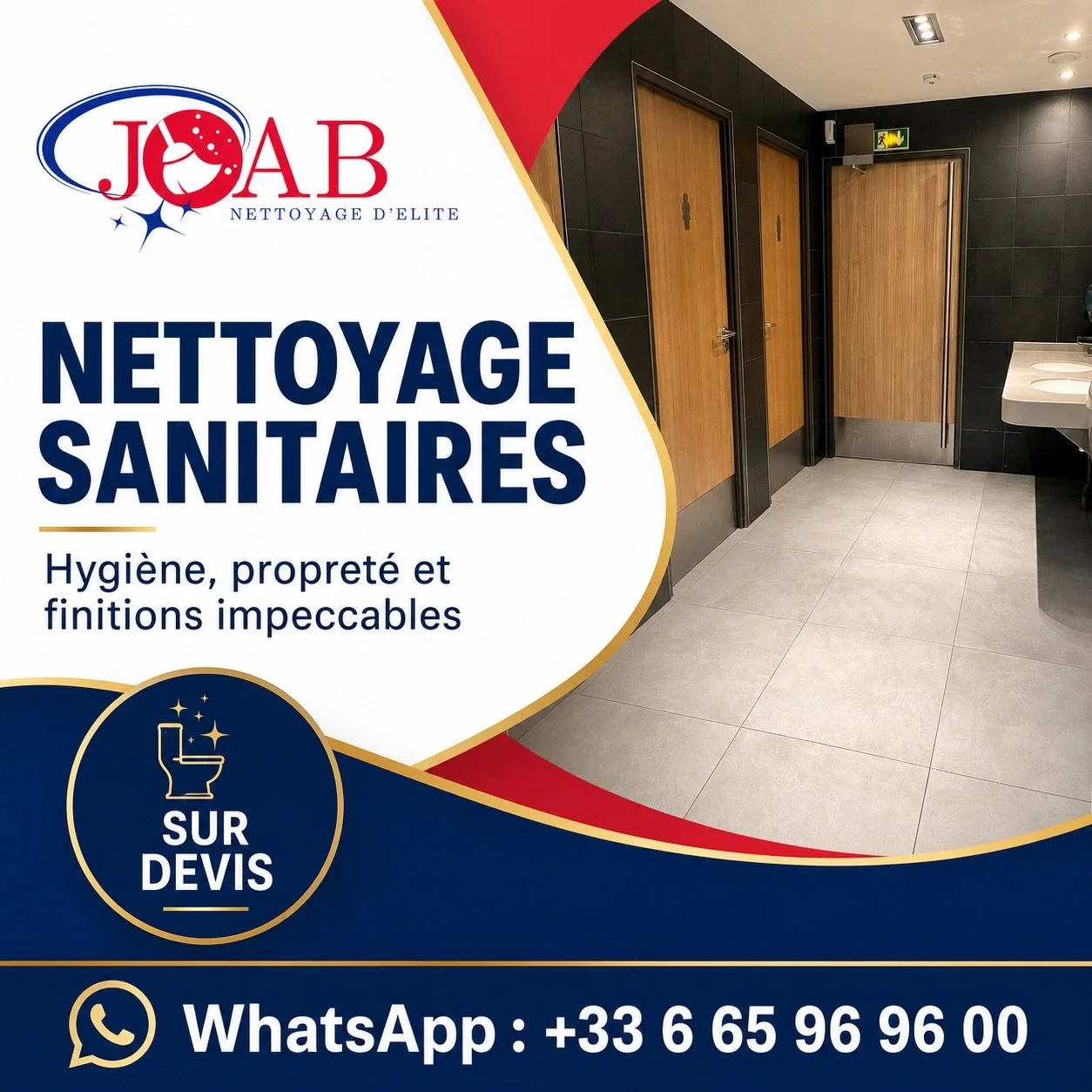 Ne laissez pas l&rsquo;&eacute;tat de vos sanitaires ternir votre image de marque. 💧
L&rsquo;hygi&egrave;ne des espaces communs est une priorit&eacute; absolue. Nous assurons une d&eacute;sinfection totale, une propret&eacute; rigoureuse et des fini