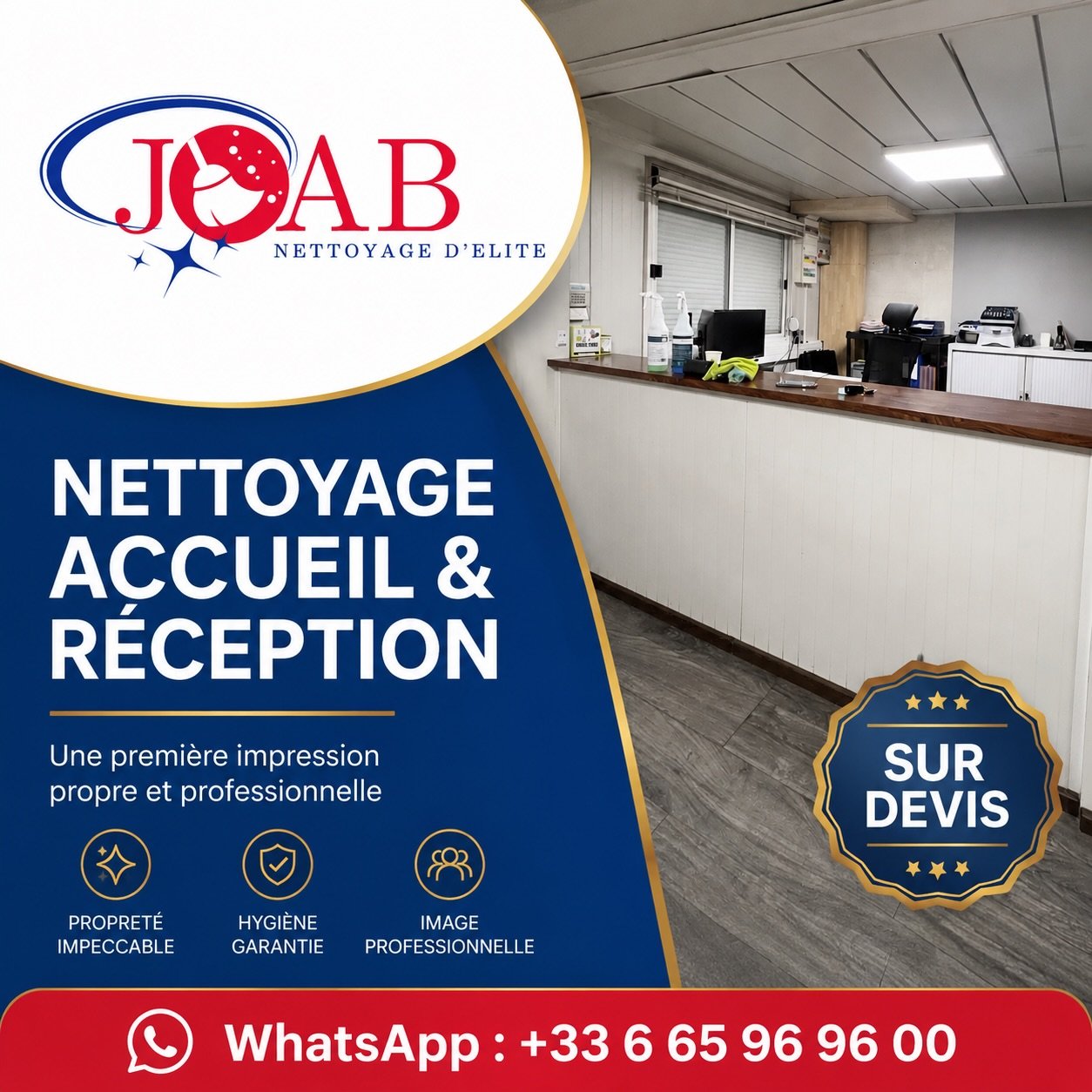 L&rsquo;accueil est la vitrine de votre entreprise. Chez JOAB Nettoyage D&rsquo;&Eacute;lite, nous garantissons un espace de r&eacute;ception propre, soign&eacute; et professionnel pour accueillir vos clients et collaborateurs dans les meilleures con
