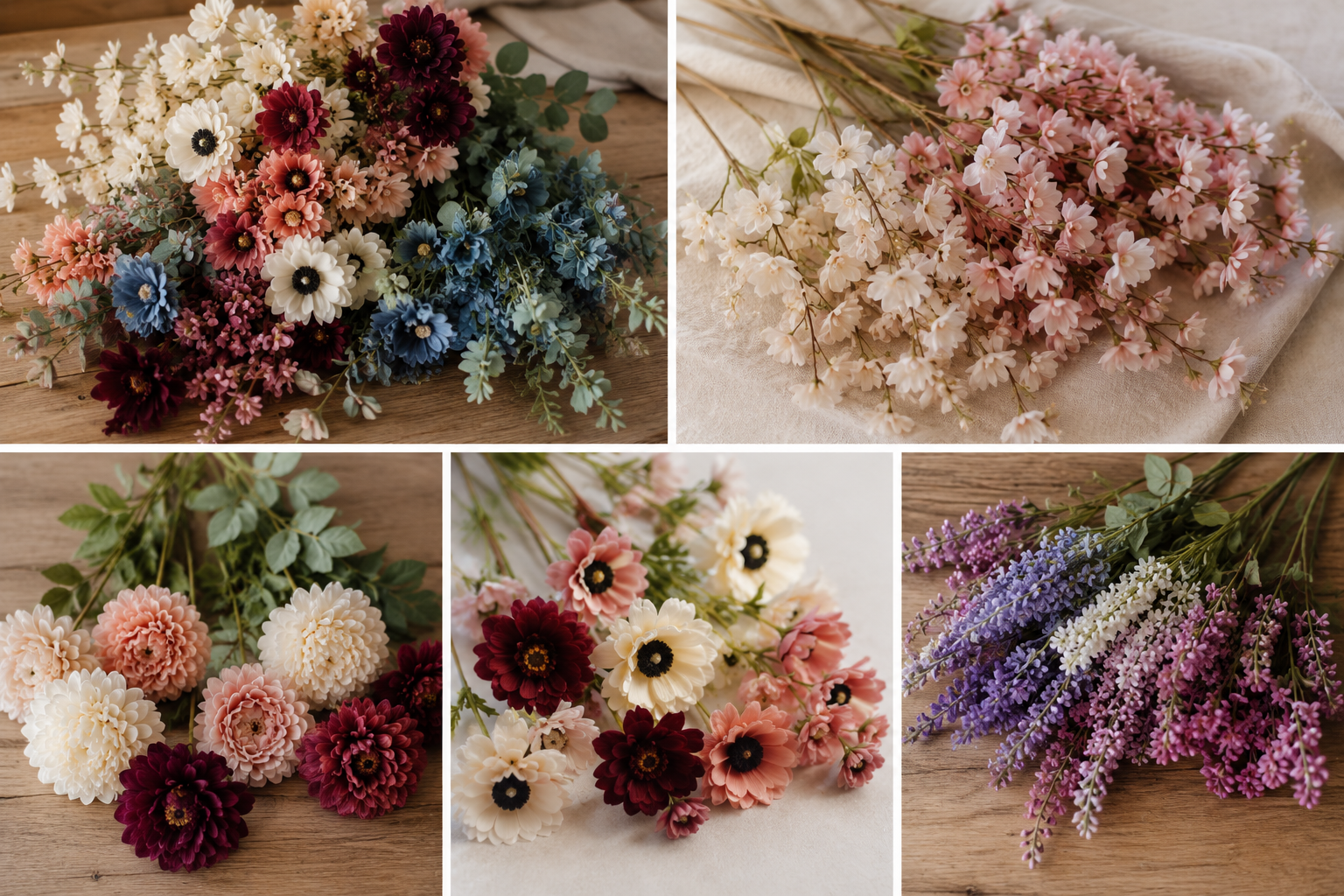 Verschiedene kleine, bunte Blumen in Nahaufnahme, auf Holztisch und Stoff gelegt, inklusive Pfingstrosen, Lavendel, und anderen Blumen in verschiedenen Farben.