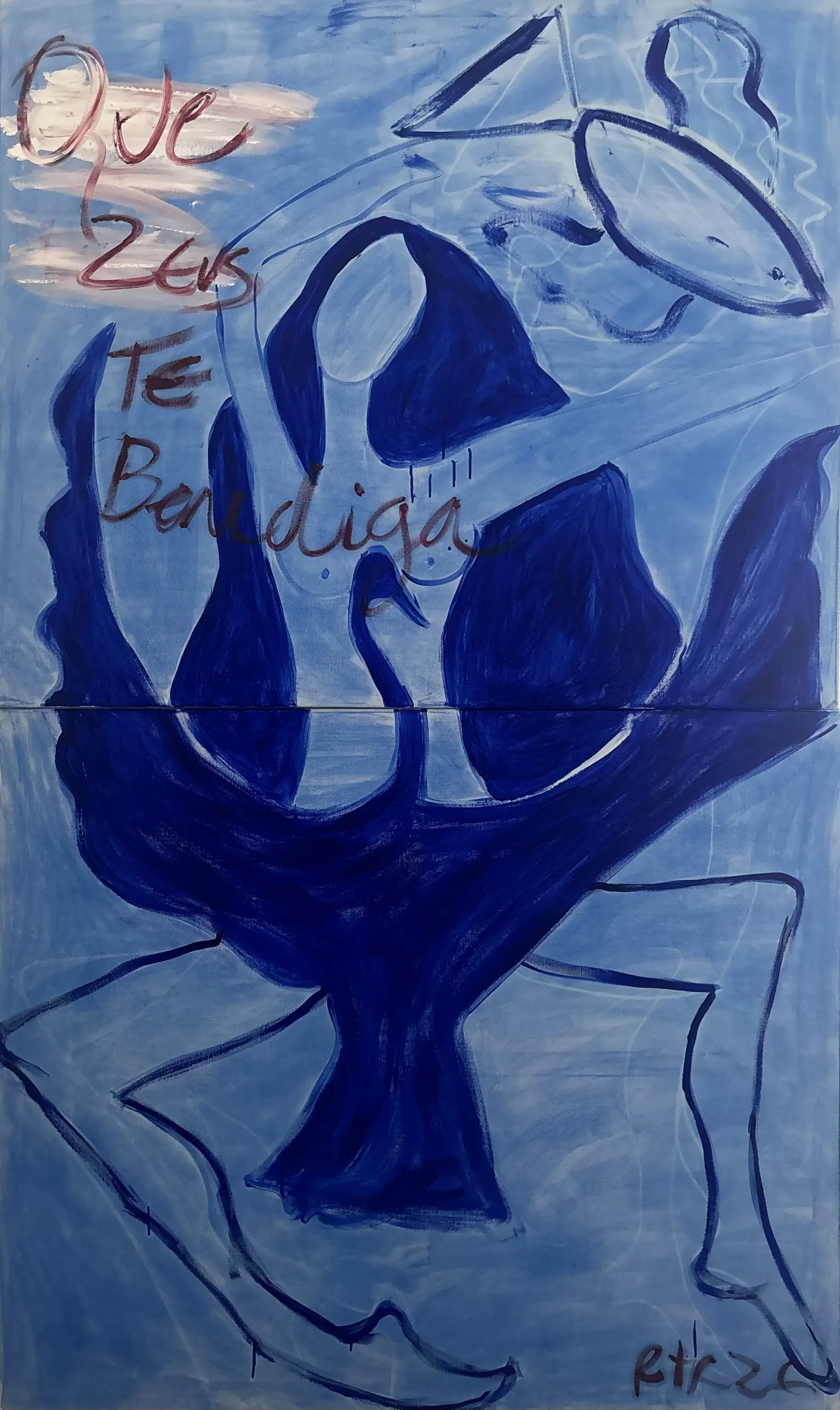 Que Zeus the Bendiga abstract blue two canvas set painting by Portuguese Multi Media Artist Rita Correia de Sá