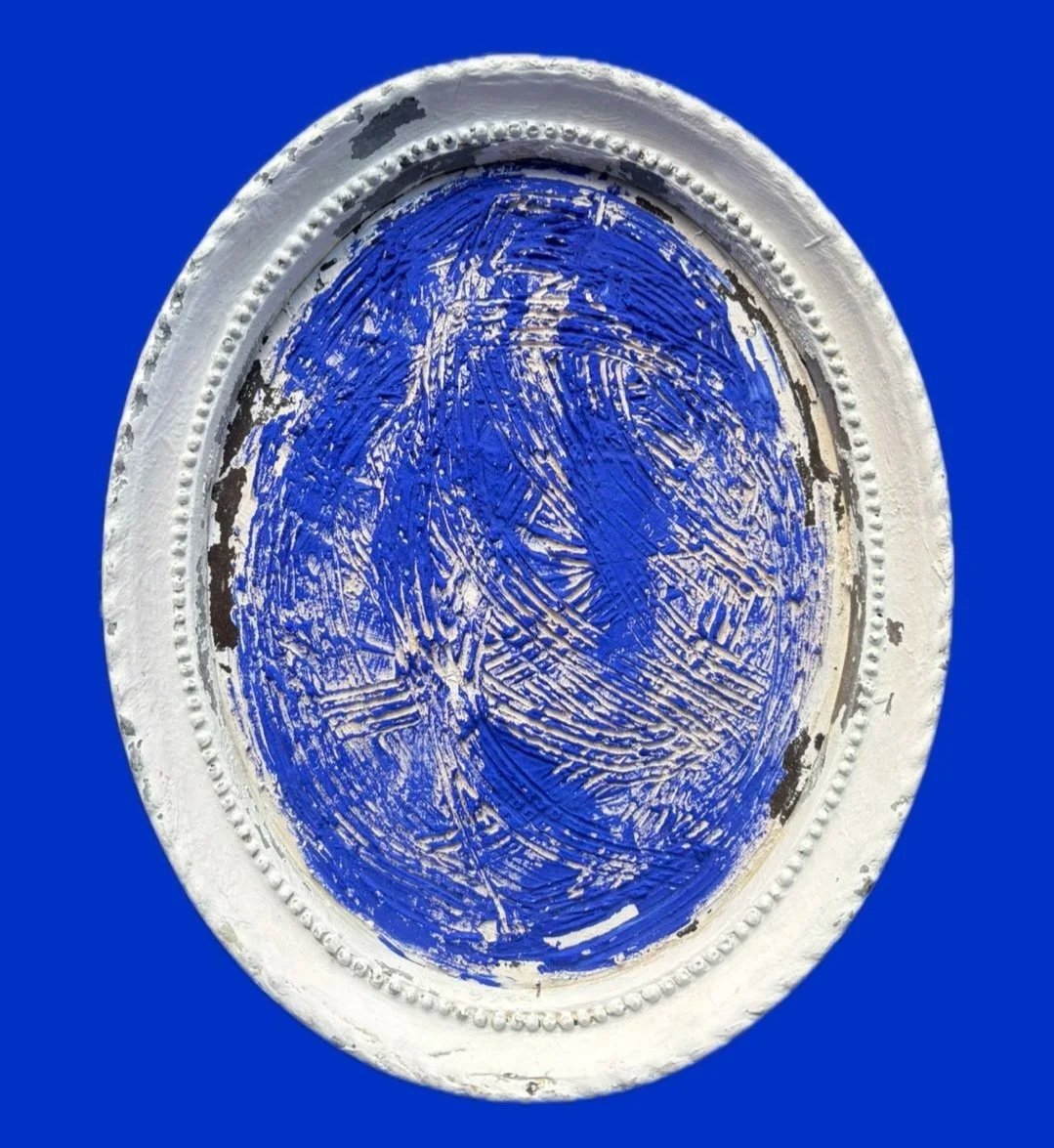 BLUE textured pigment painting with White frame Rita Correia de Sá Portuguese Artist