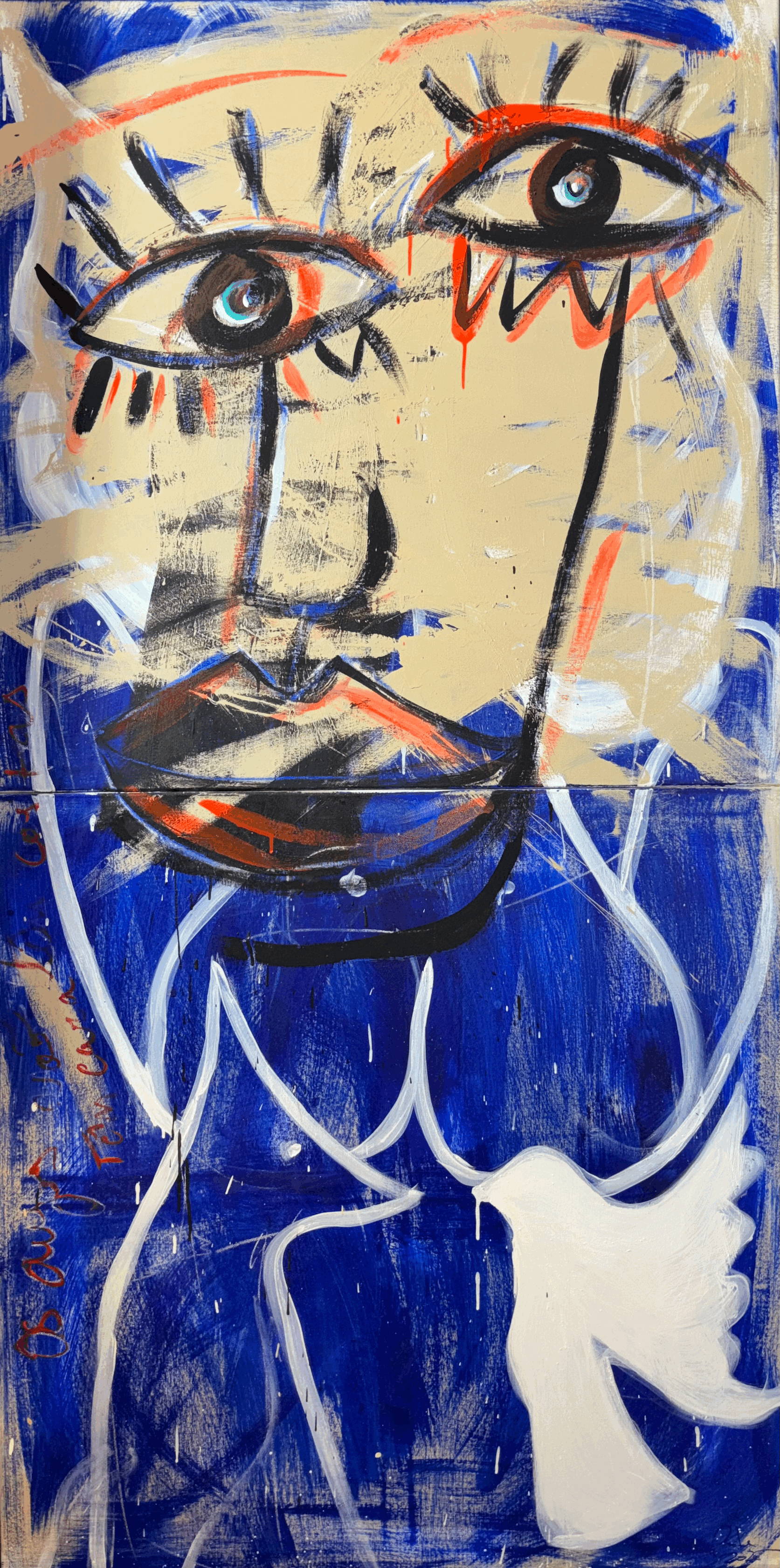 Rita Correia de Sá Watcher Eyes Painting Abstract Blue Neon Orange Dove and Dog