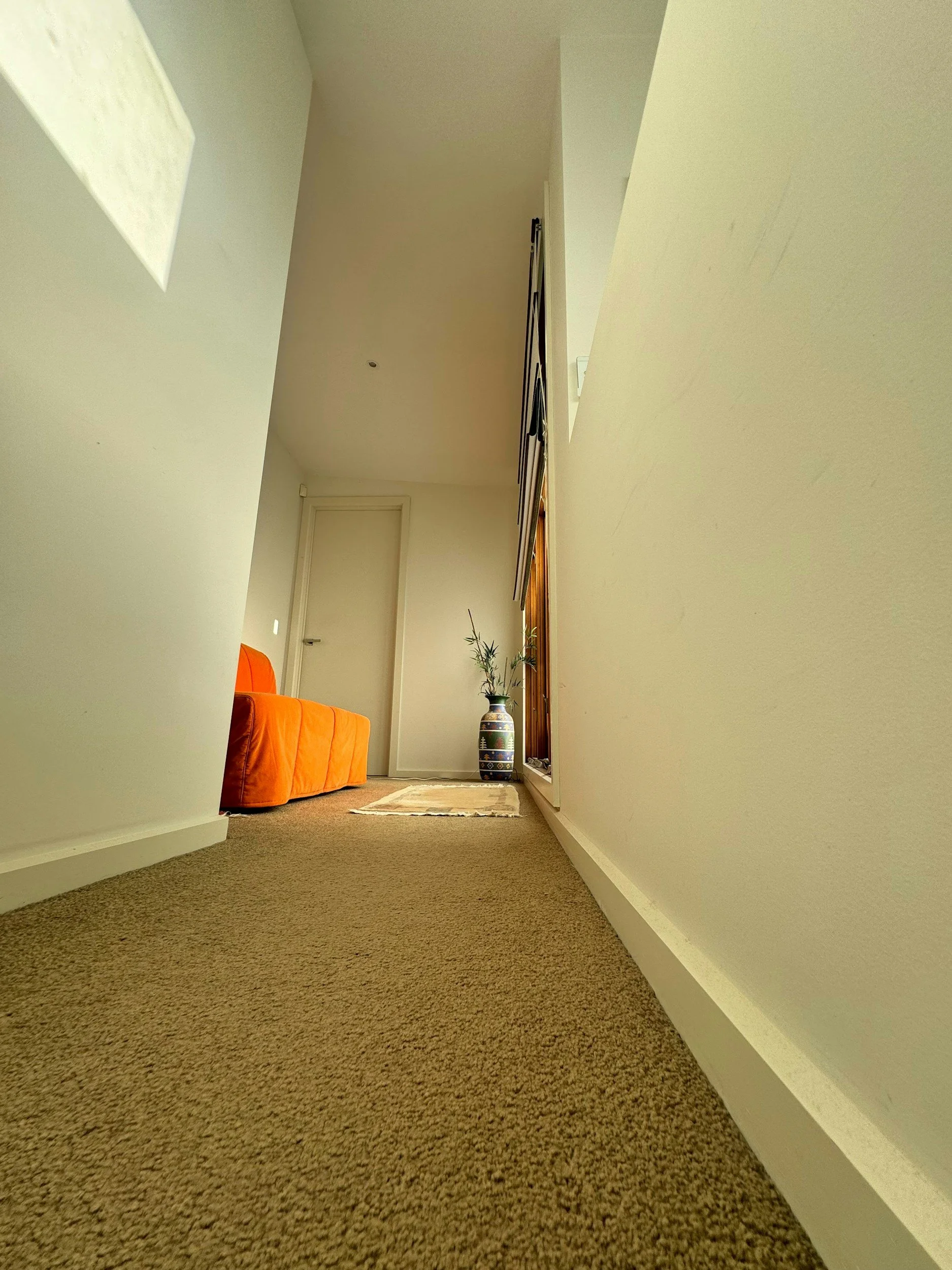 Low-angle view of a beige hallway with brown carpet, a white door at the end, and a large decorative vase with plants near the door. There is a small colorful rug in front of the door.