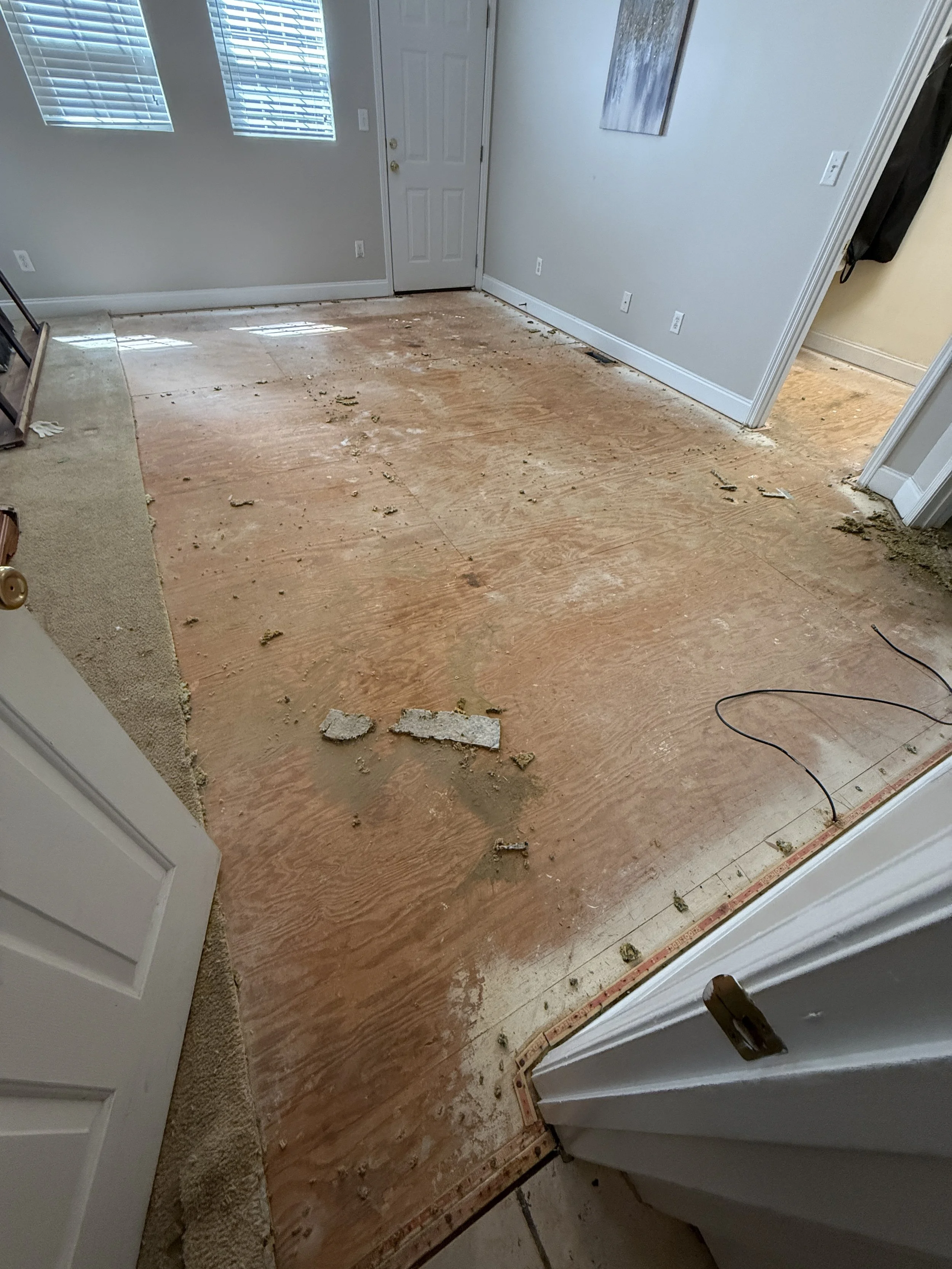Room with partially removed hardwood floor, exposing subfloor, and construction debris scattered around.