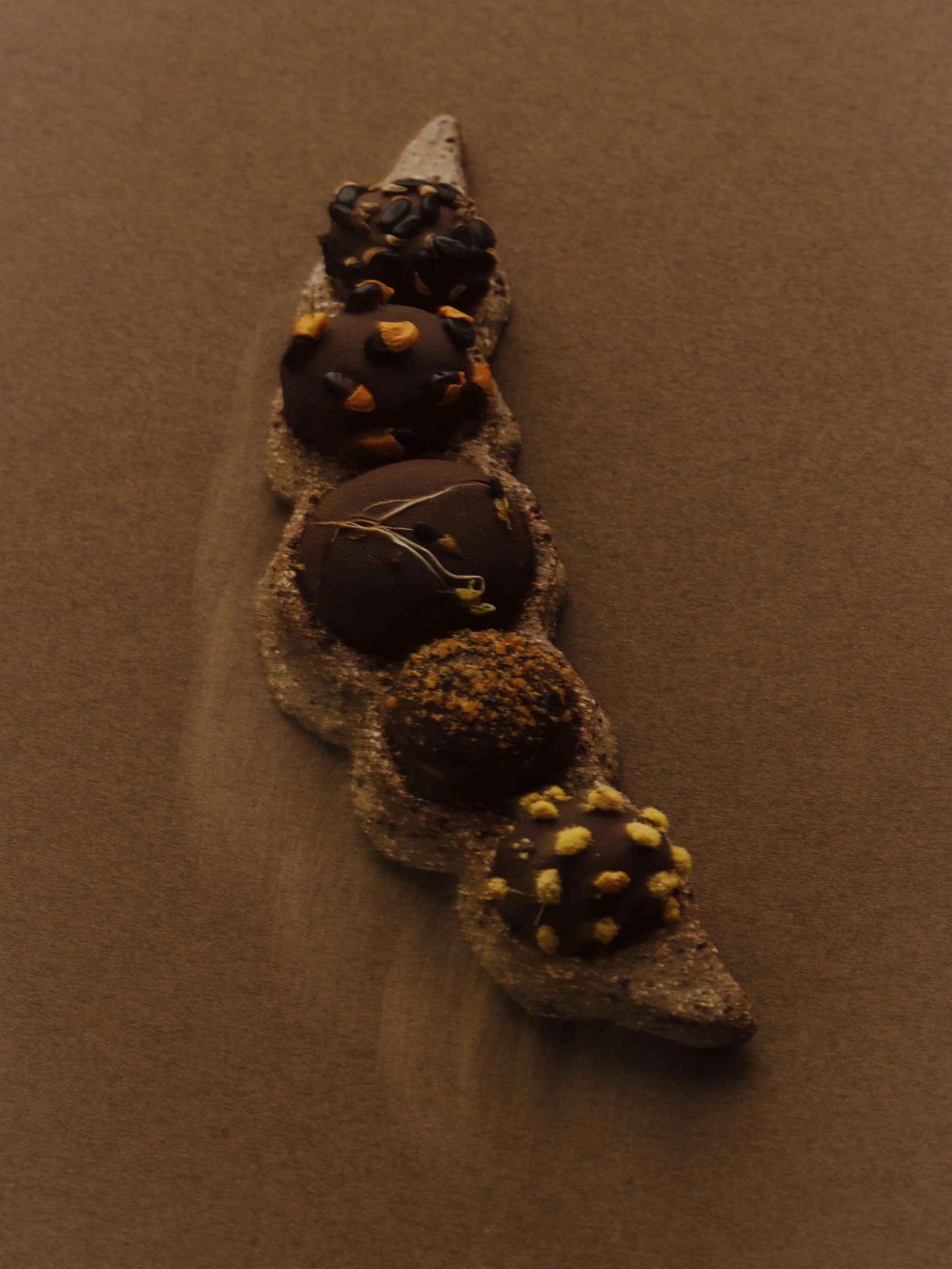 A row of five stones, each decorated with different toppings, arranged in a line on a flat surface.