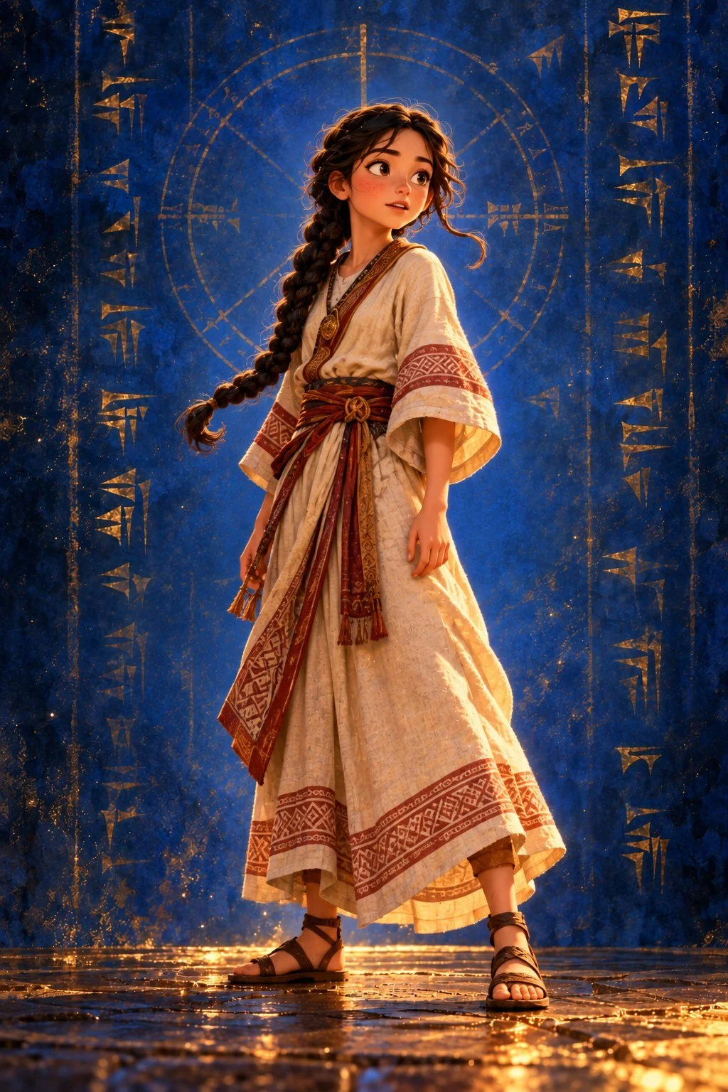Aya, 12, a girl from ancient Ur with braided dark hair, olive-brown skin and her own amulet, against a lapis-blue background of glowing cuneiform