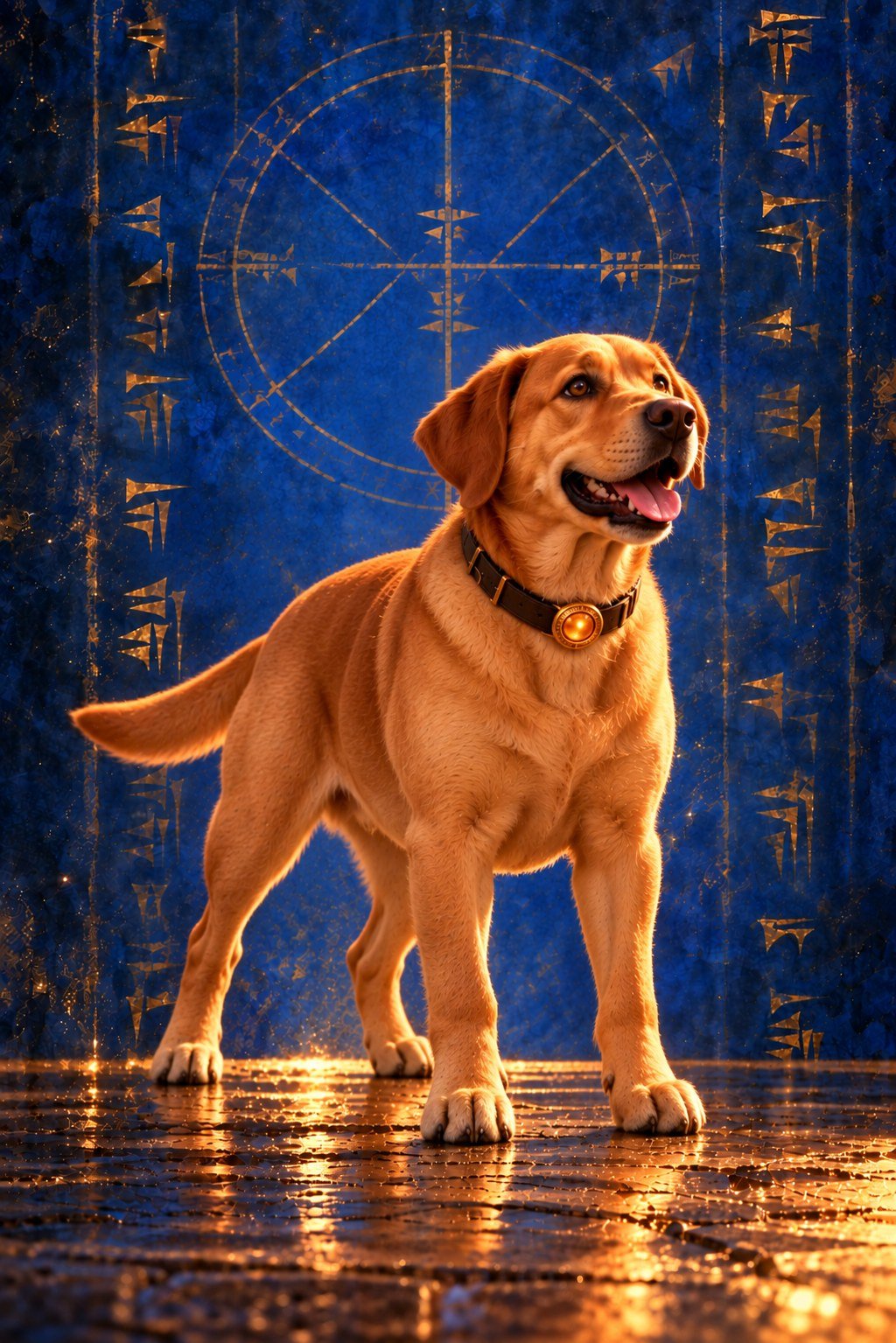 Fella, a stocky golden Labrador with a Mathatar amulet on his collar, against a lapis-blue background of glowing cuneiform