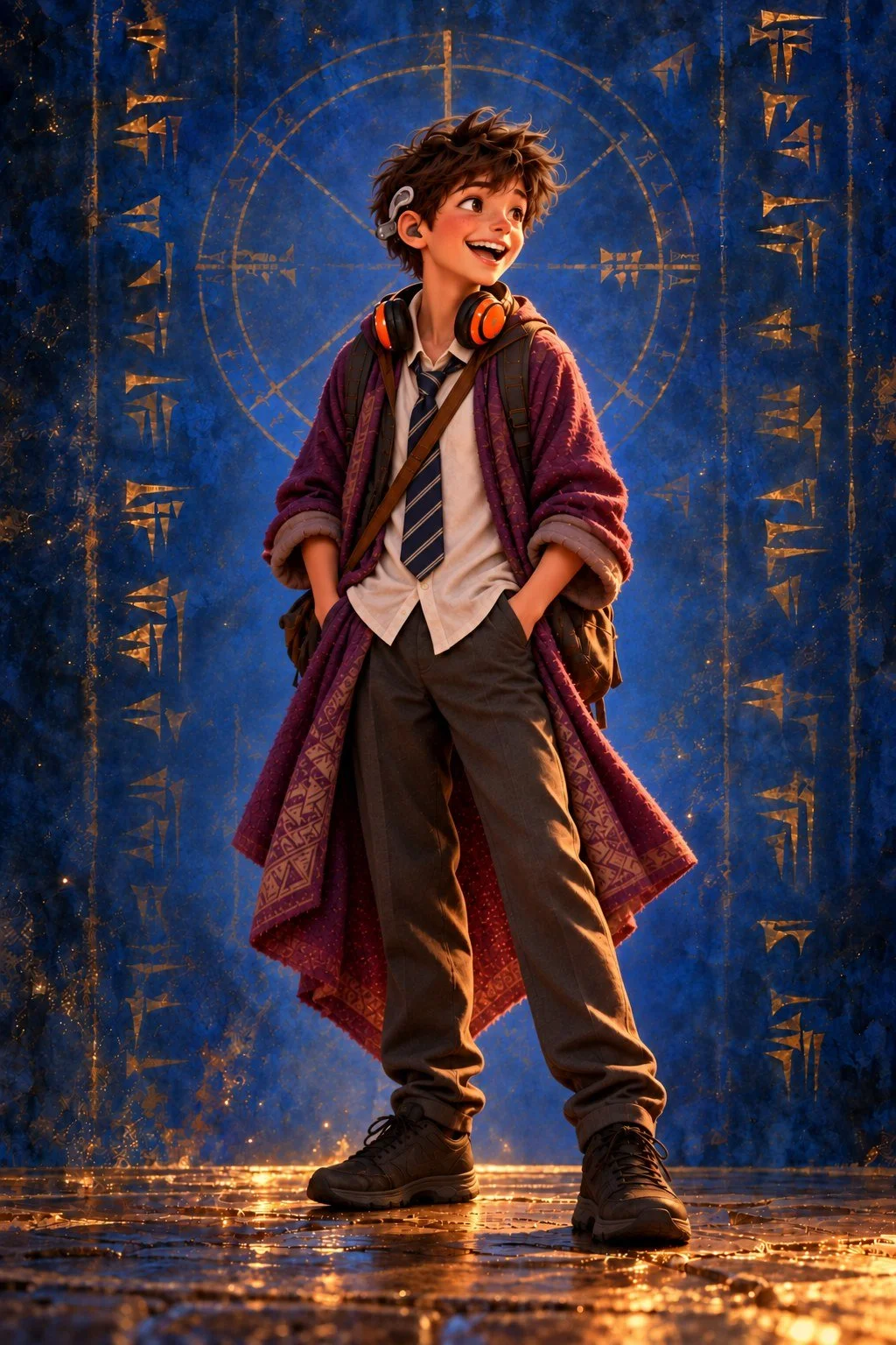 Fletcher, 13, dark brown hair, navy school blazer, orange headphones and a hearing implant on his right ear, against a lapis-blue background of glowing cuneiform
