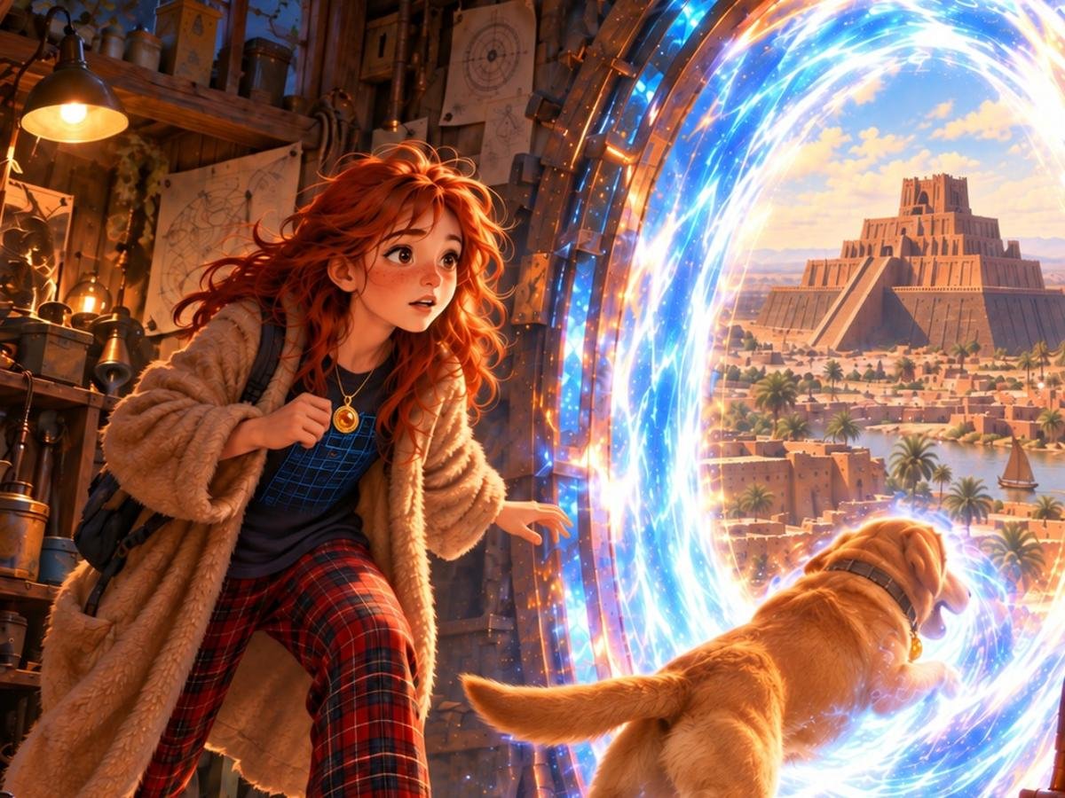 Maya, in a dressing gown and tartan pyjamas, watches Fella the Labrador leap through a glowing portal towards ancient Ur