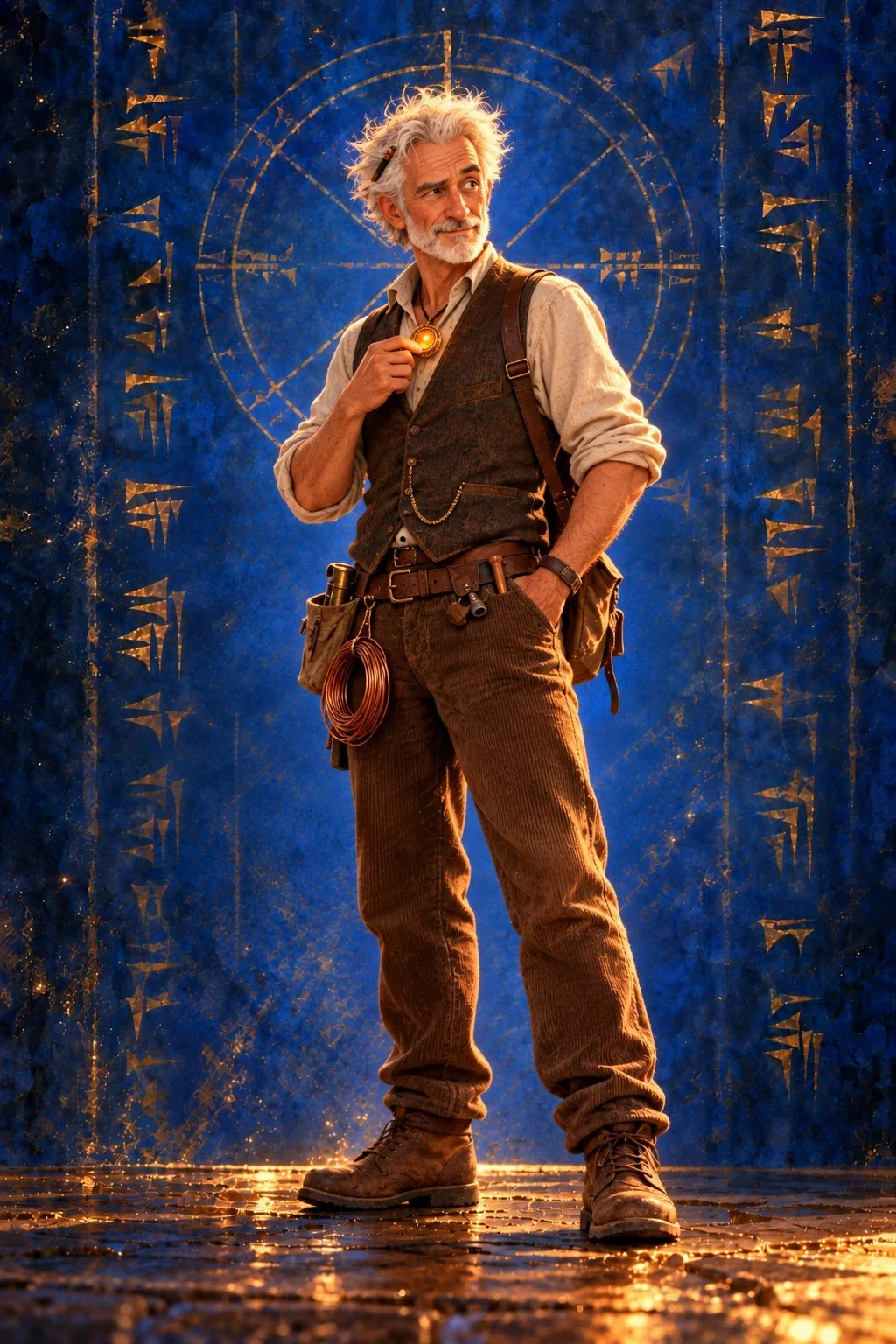Grandad, mid-sixties, wild tufty white hair and a watchful look, waistcoat and amulet, against a lapis-blue background of glowing cuneiform