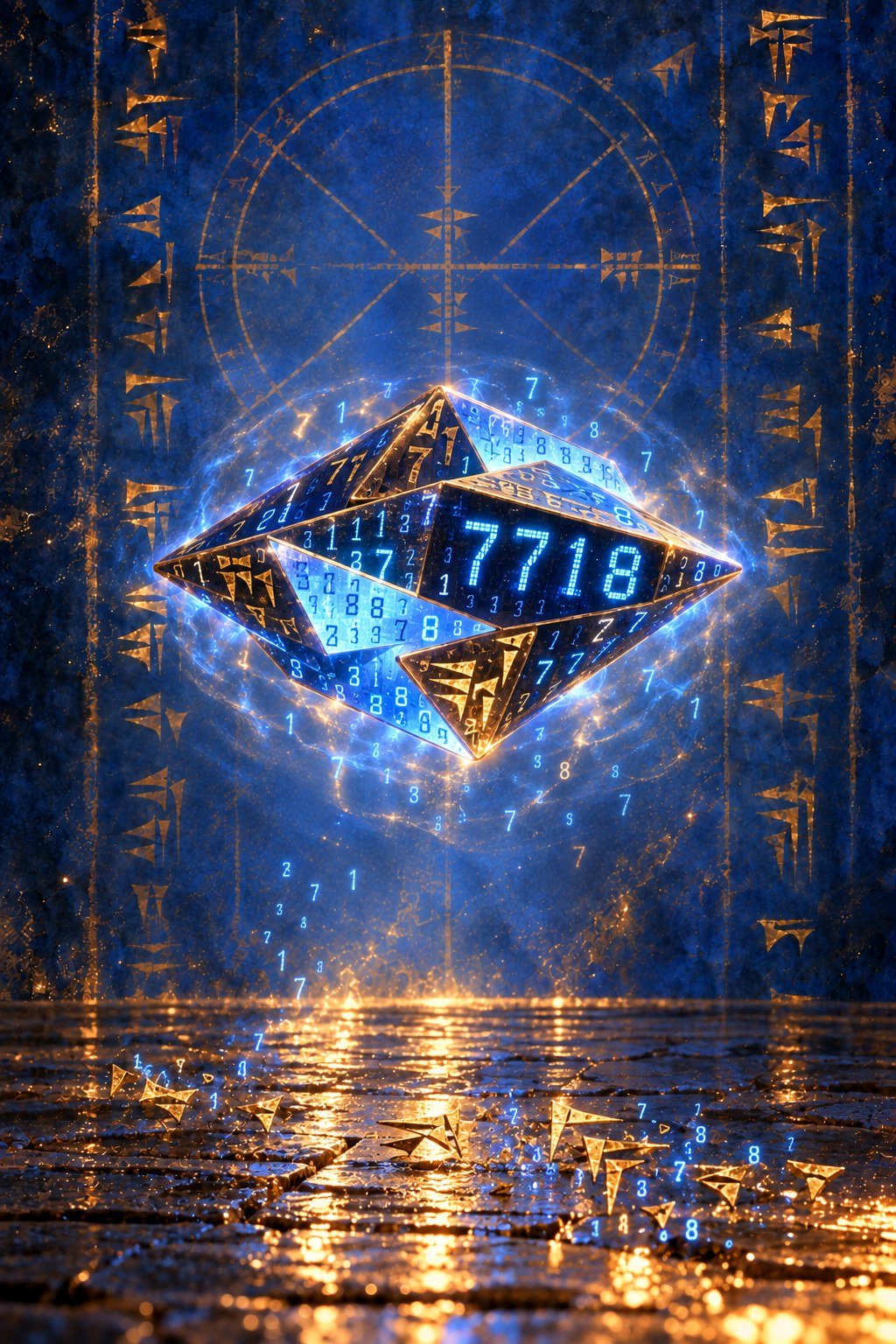Null 7718: a wide floating lozenge of flickering blue calculator digits with the number 7718 on its surface, against a lapis-blue background of glowing cuneiform