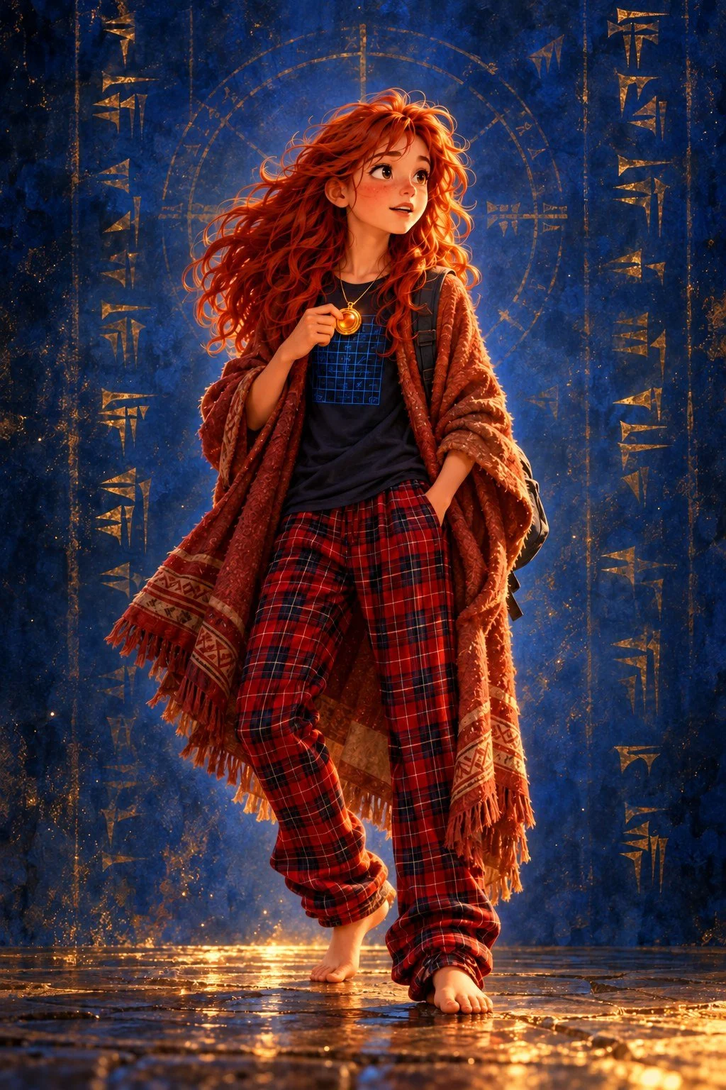 Maya, 13, ginger hair, Mathatar amulet, oversized cardigan and tartan trousers, against a lapis-blue background of glowing cuneiform