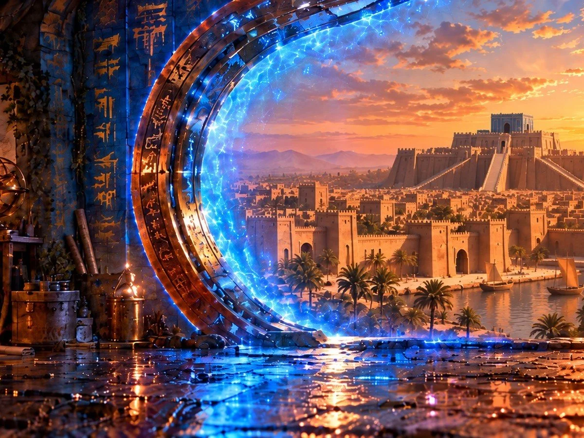 A glowing portal in a workshop opens onto ancient Ur at sunset, with the ziggurat above the city