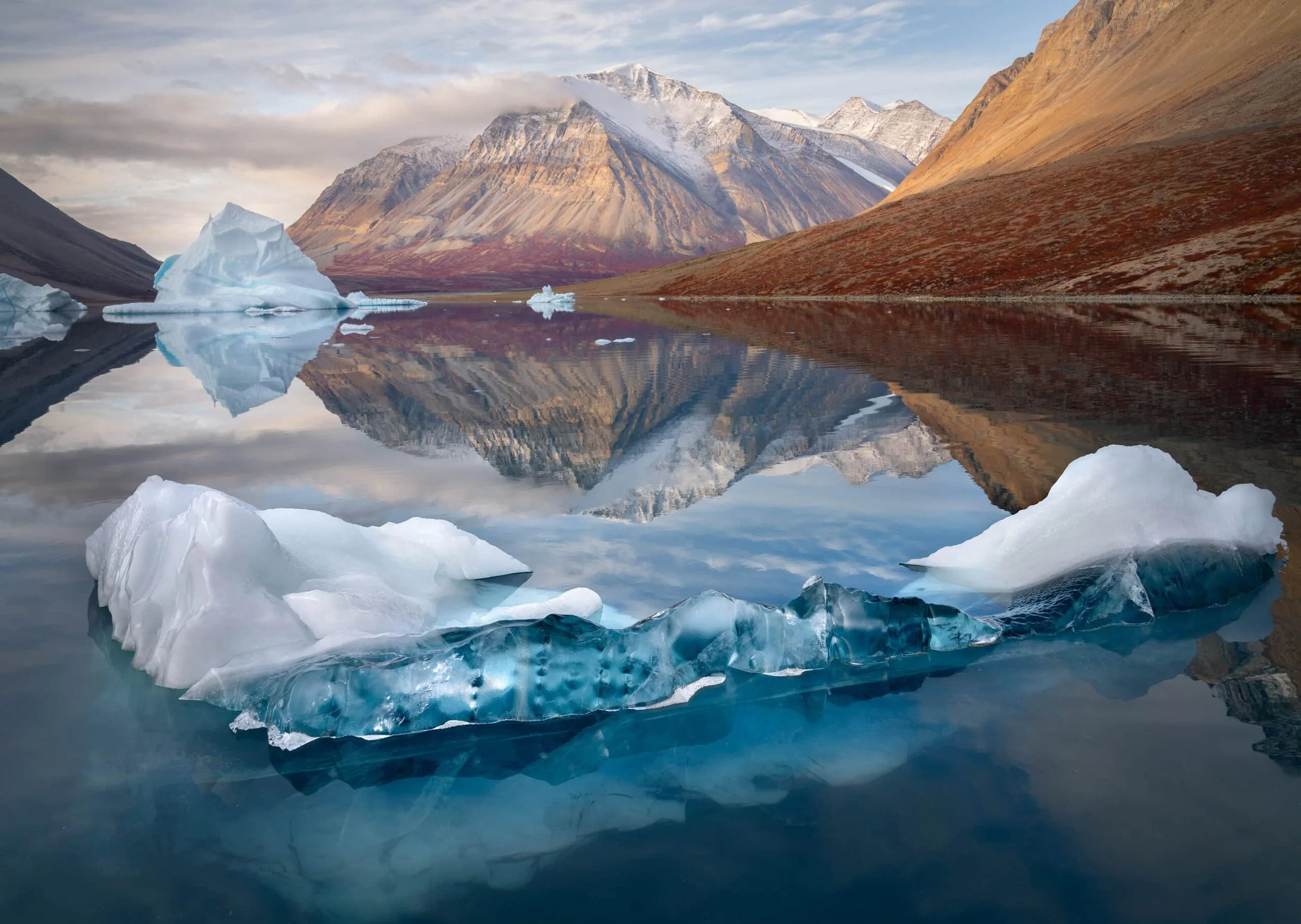 Greenland Fjord with floating icebergs