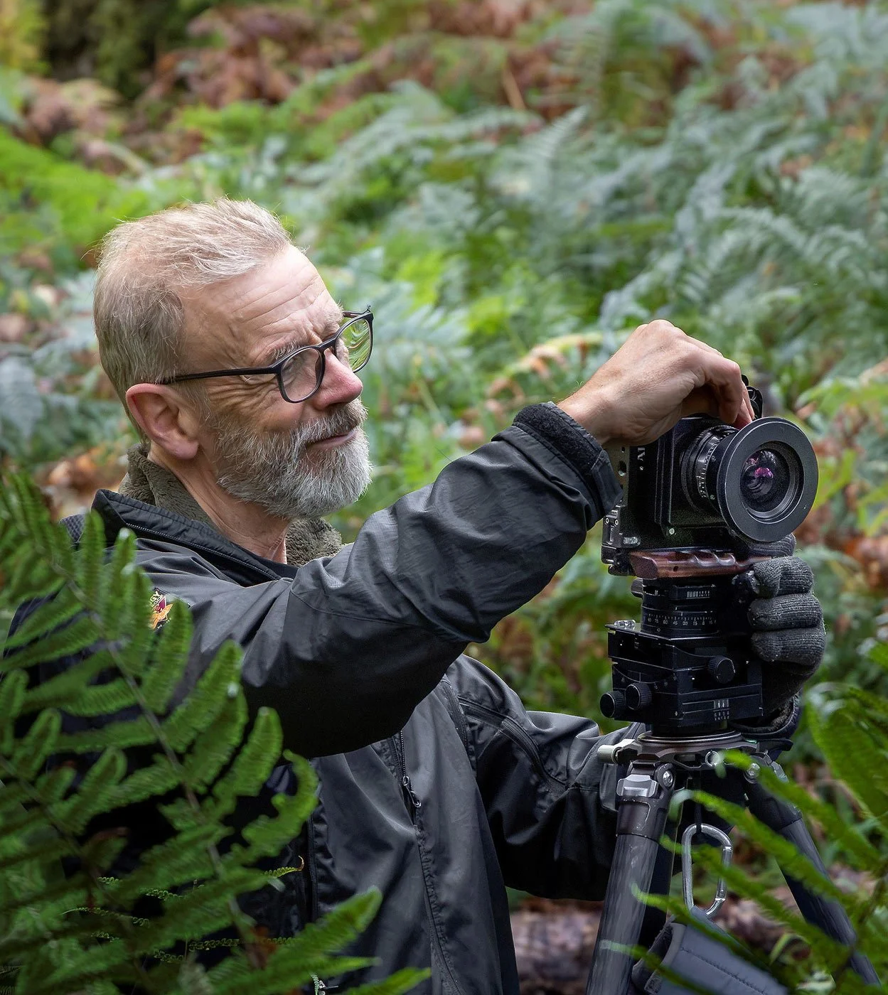 Joe Cornish in woodland operating a large format digital camera on a tripod.