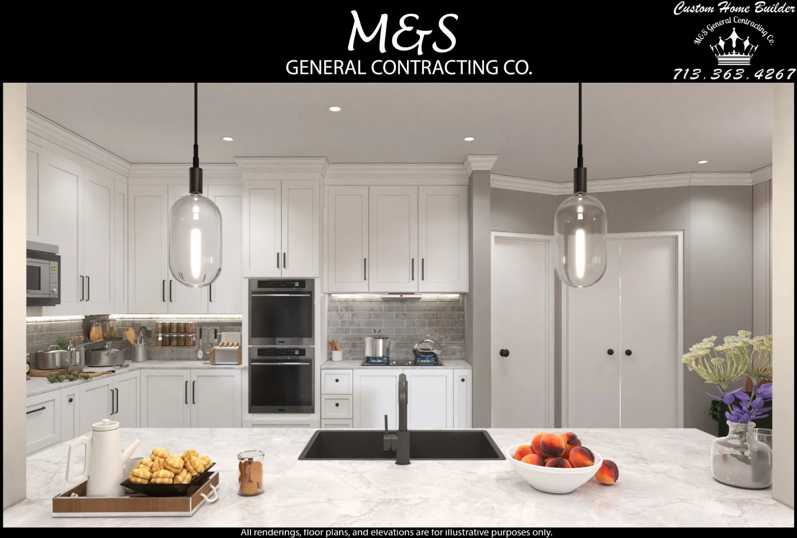 Kitchen with white cabinets, gray backsplash, marble countertops, pendant lights, and various kitchen appliances and decorations.