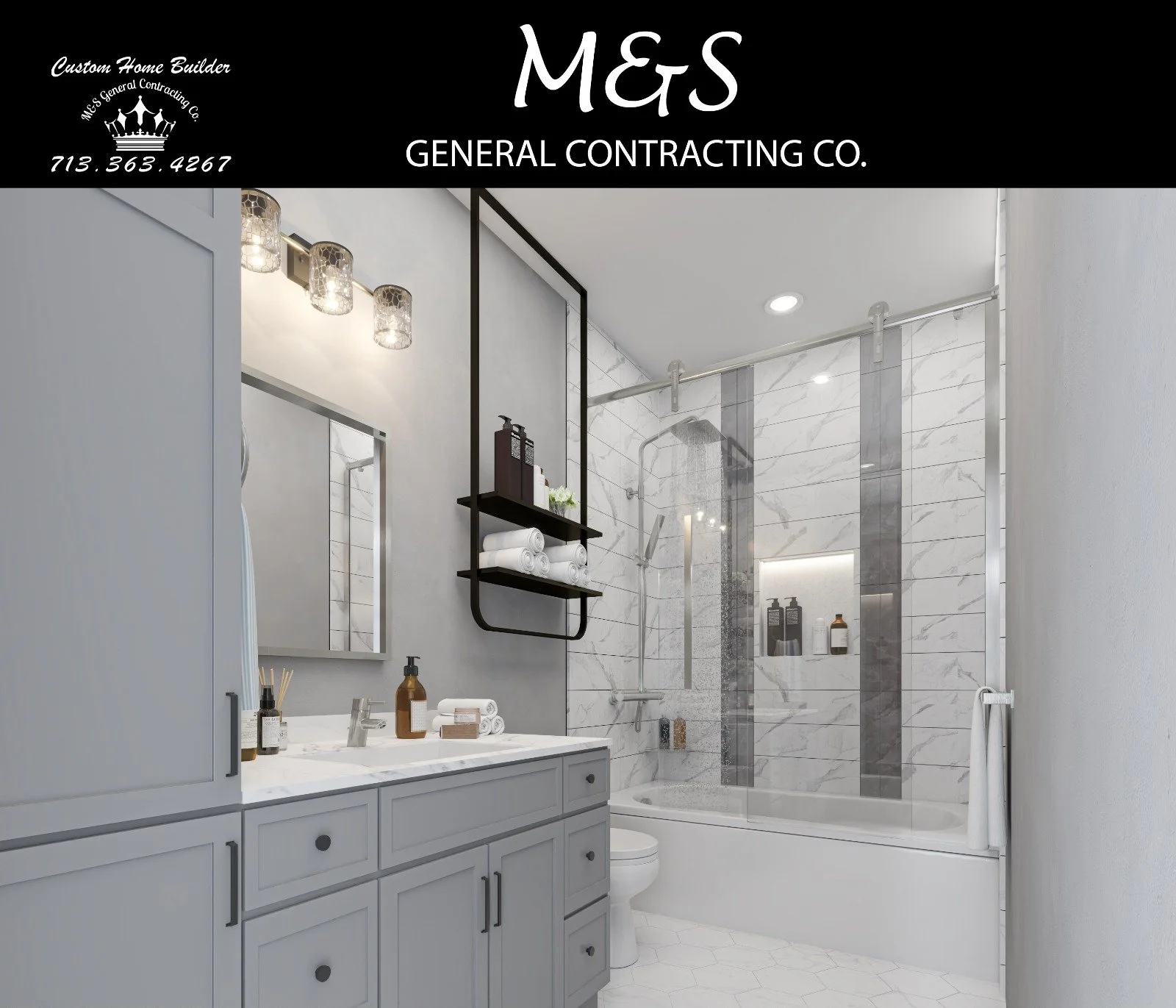 A modern bathroom with a white vanity, marble countertop, and wall-mounted mirror. There are bottles and towels on the vanity. The shower area has a glass door, marble tiles, and built-in shelves with toiletries. Black wall-mounted shelves hold rolle