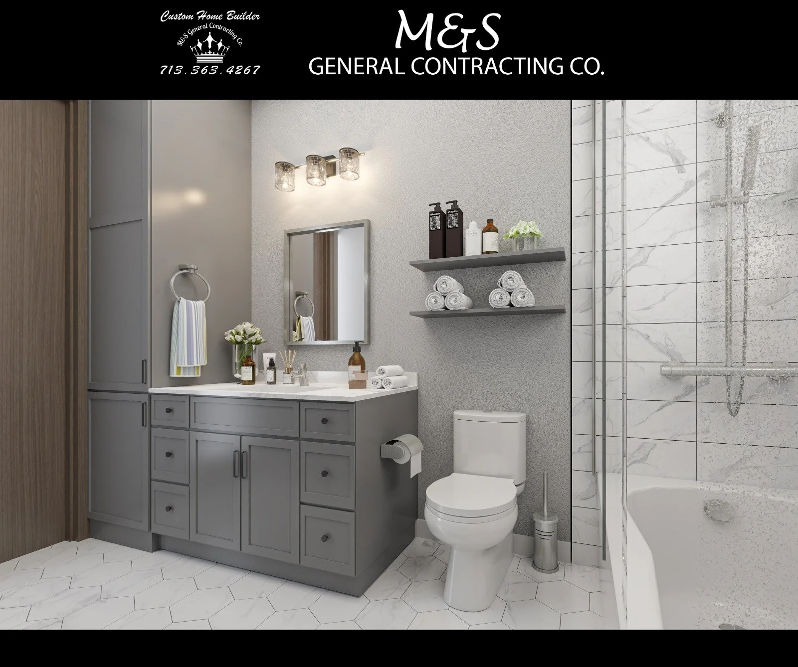 Modern bathroom with gray vanity, white countertop, mirror, wall-mounted light fixtures, toilet, towels, decorative bottles, shelves with rolled towels and plants, and a marble tiled shower with glass door.