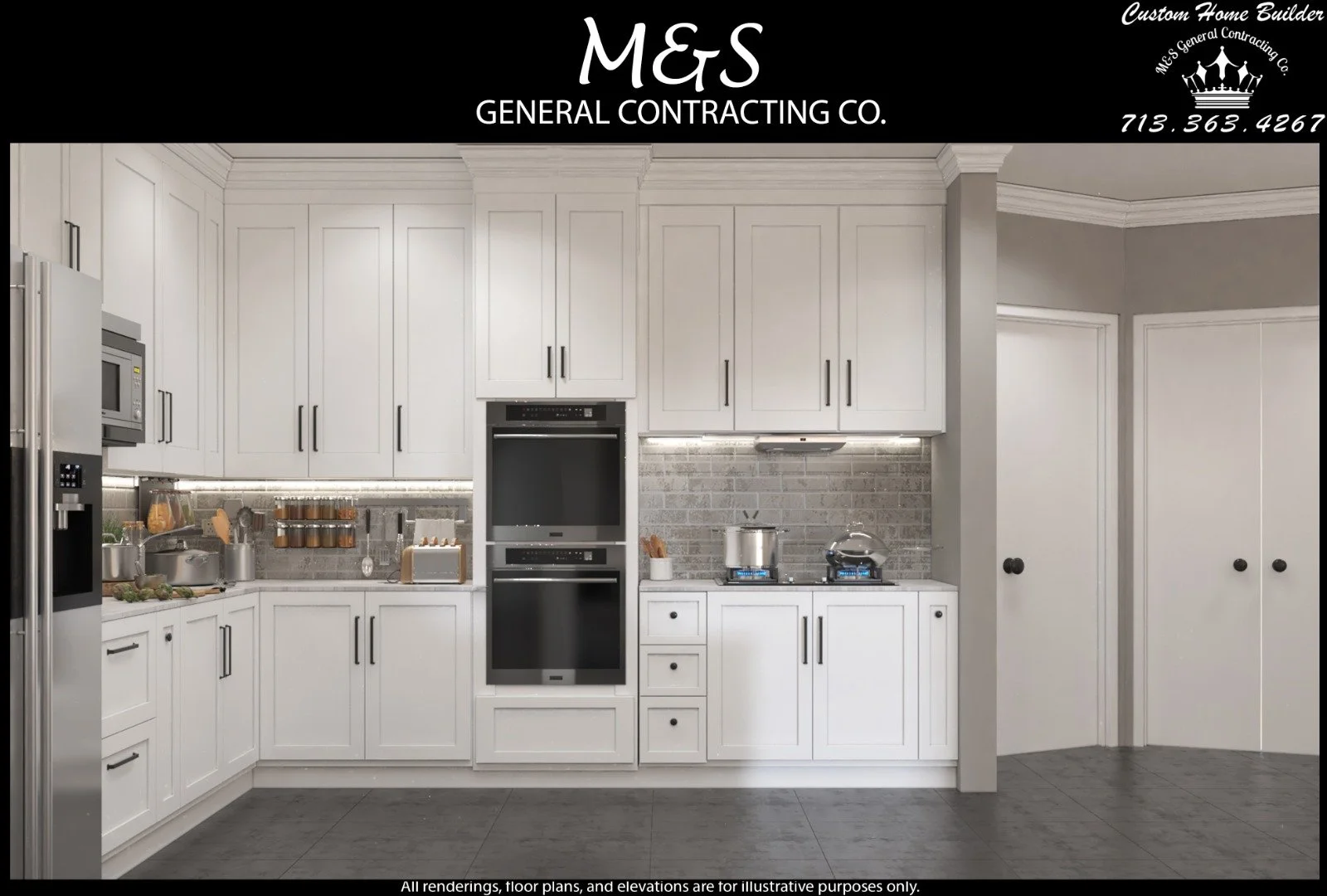 Modern kitchen with white cabinets, stainless steel appliances, and gray tile backsplash.