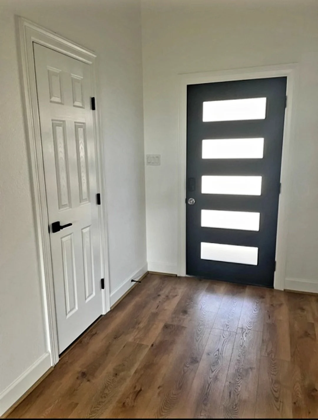 Interior view of a house entryway featuring a white-paneled door on the left and a dark front door with rectangular glass panels on the right, along with wood flooring and white walls.