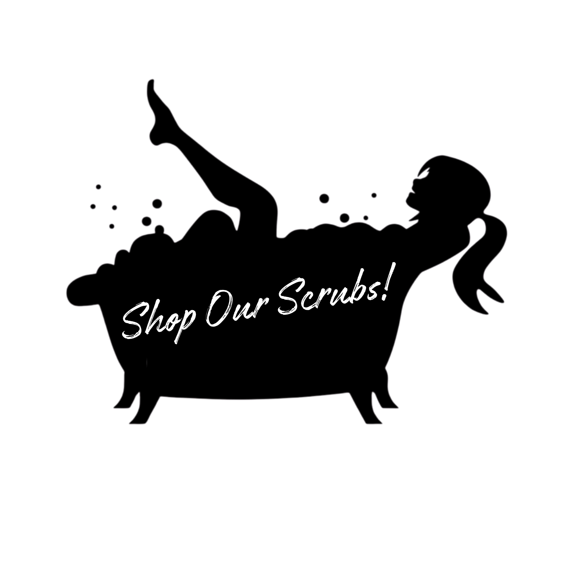 Black chalkboard with scientific illustrations of molecules and a silhouette of a woman with short hair, along with the text "Shop Our Scrubs!"