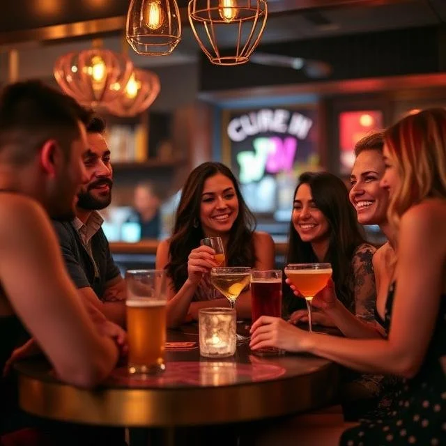 Group of five friends smiling and enjoying drinks at a bar during evening.