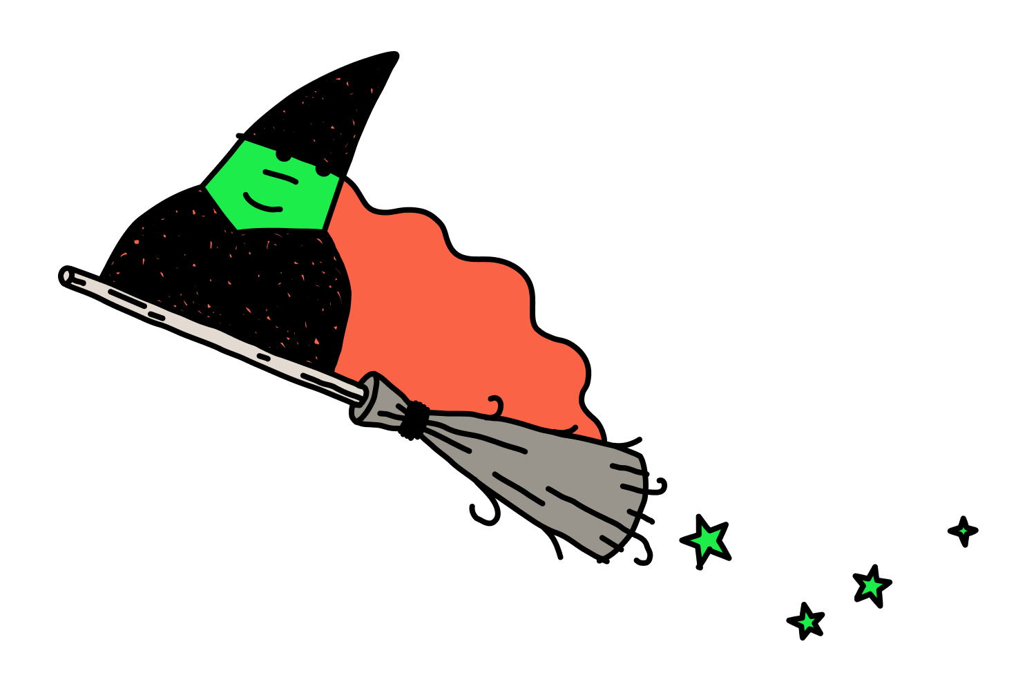 Colorful green and orange line drawing of a person with a witches hat, flying on a broom with stars coming out of the tail.