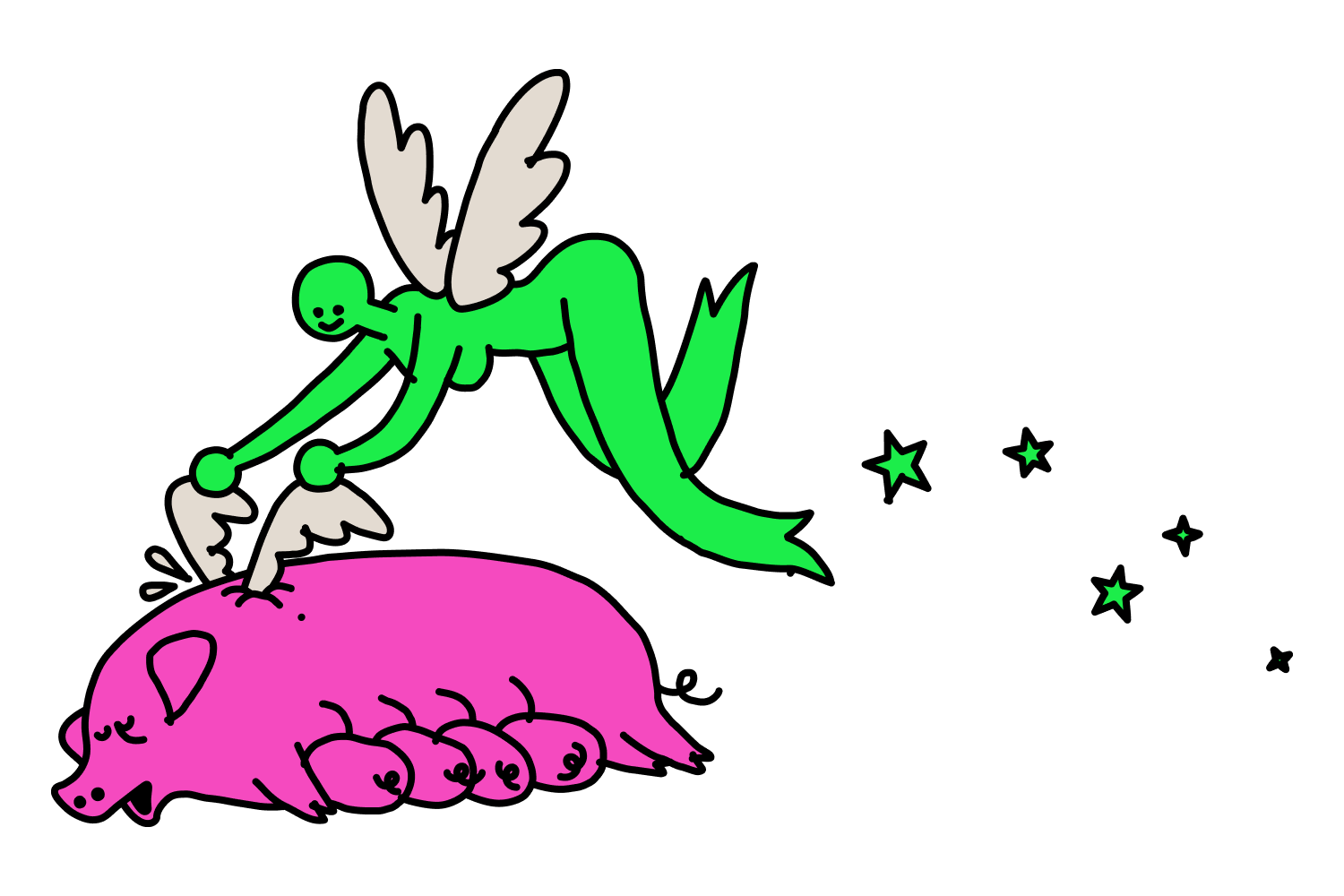 A cartoon illustration of a green fairy with insect wings riding on the back of a pink rat with four baby rats beneath it against a black background with small green stars.