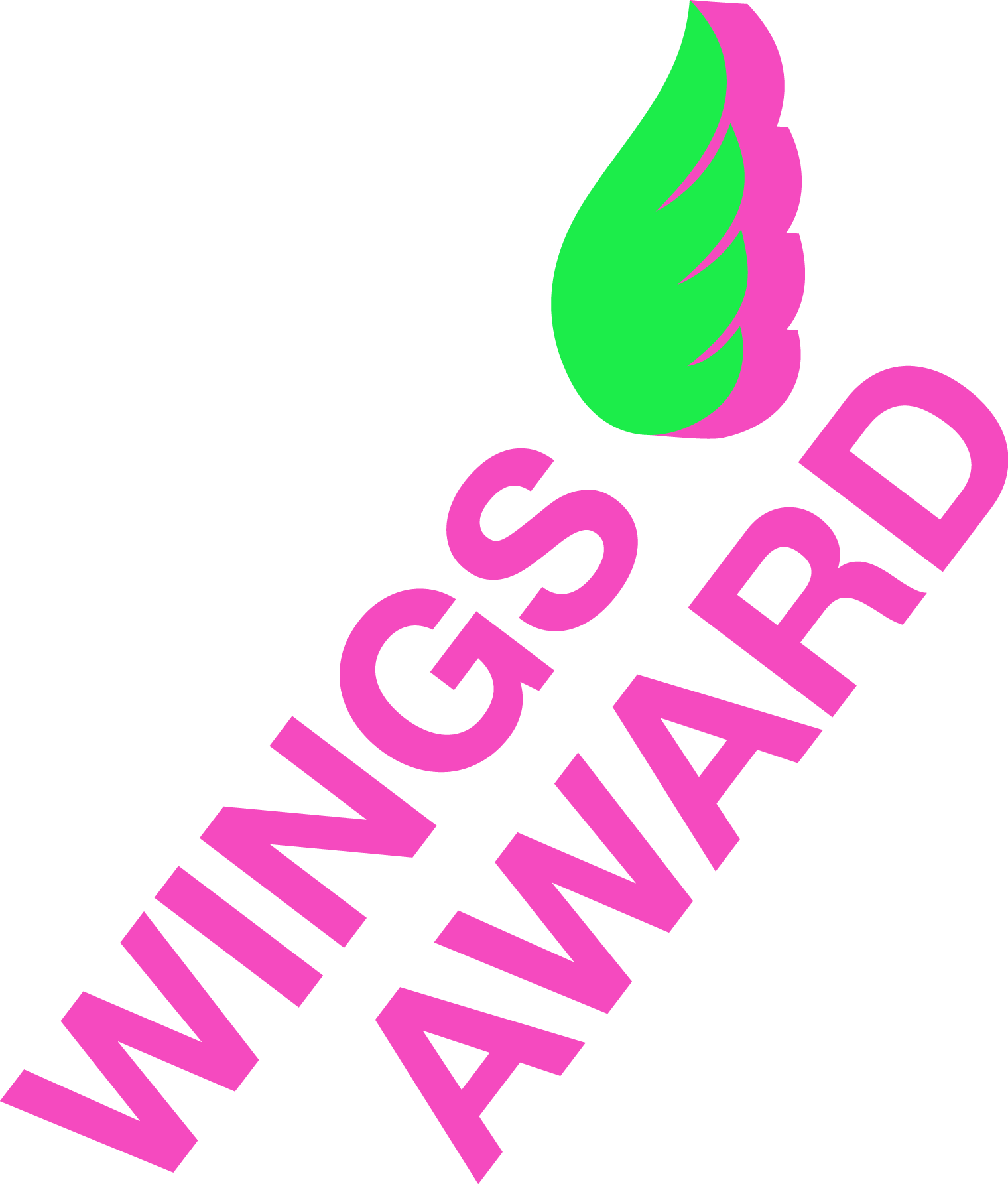 The words "WINGS AWARD" written in pink capital letters in a curved and diagonal layout. There is a stylized pink and green wing design above the text