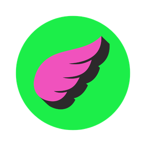 A pink and black wing icon on a green circular background.