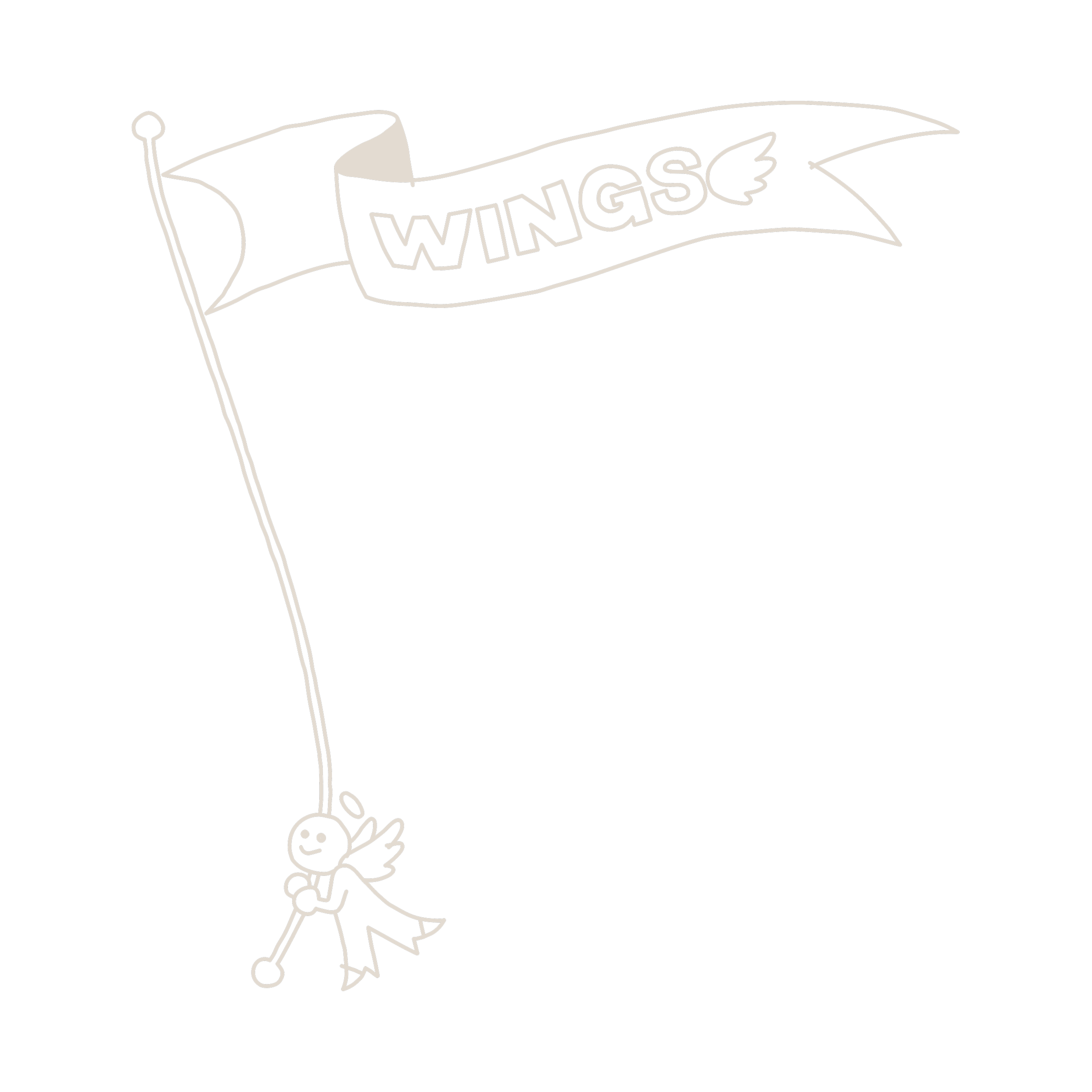 White outline drawing of a flag with the word "WINGS" and a wing symbol, flying from a pole. A small cartoon figure with wings, smiling, hanging onto the flag's pole.