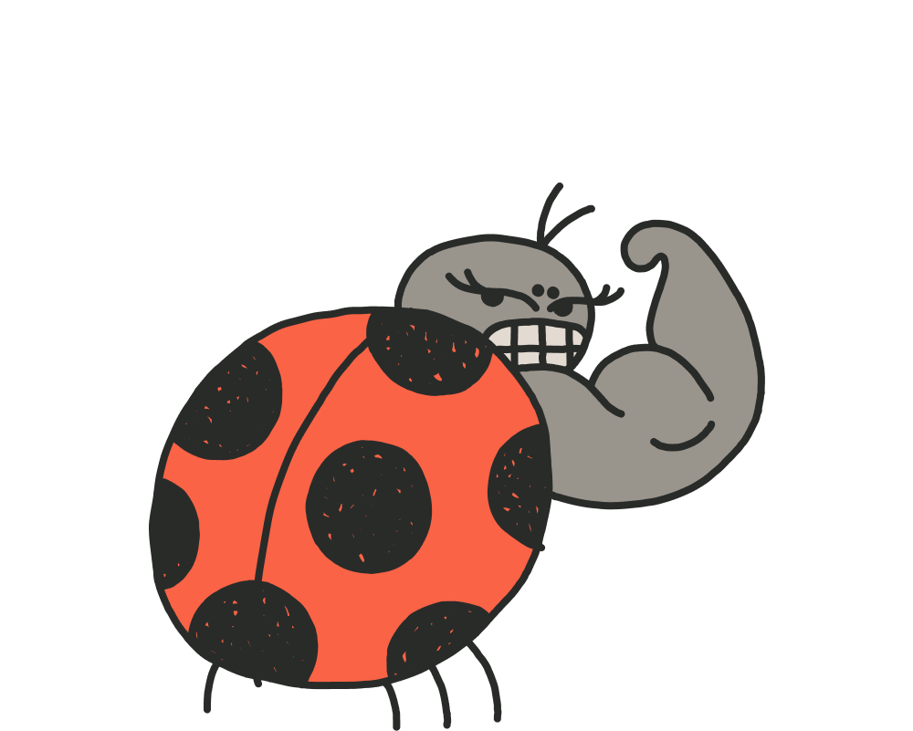 A cartoon ladybug with a grey, muscular arm flexing.